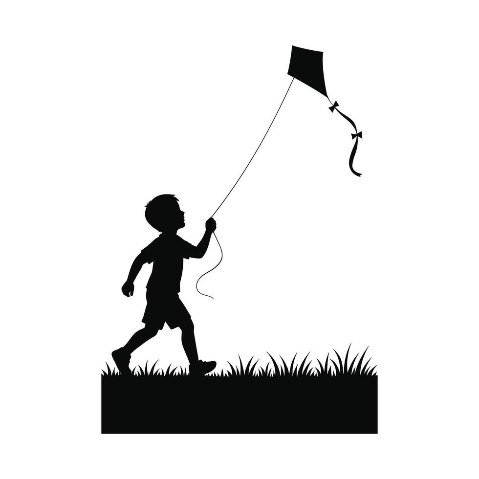 Silhouette of Boy Flying Kite in Grass Field on White Background vector