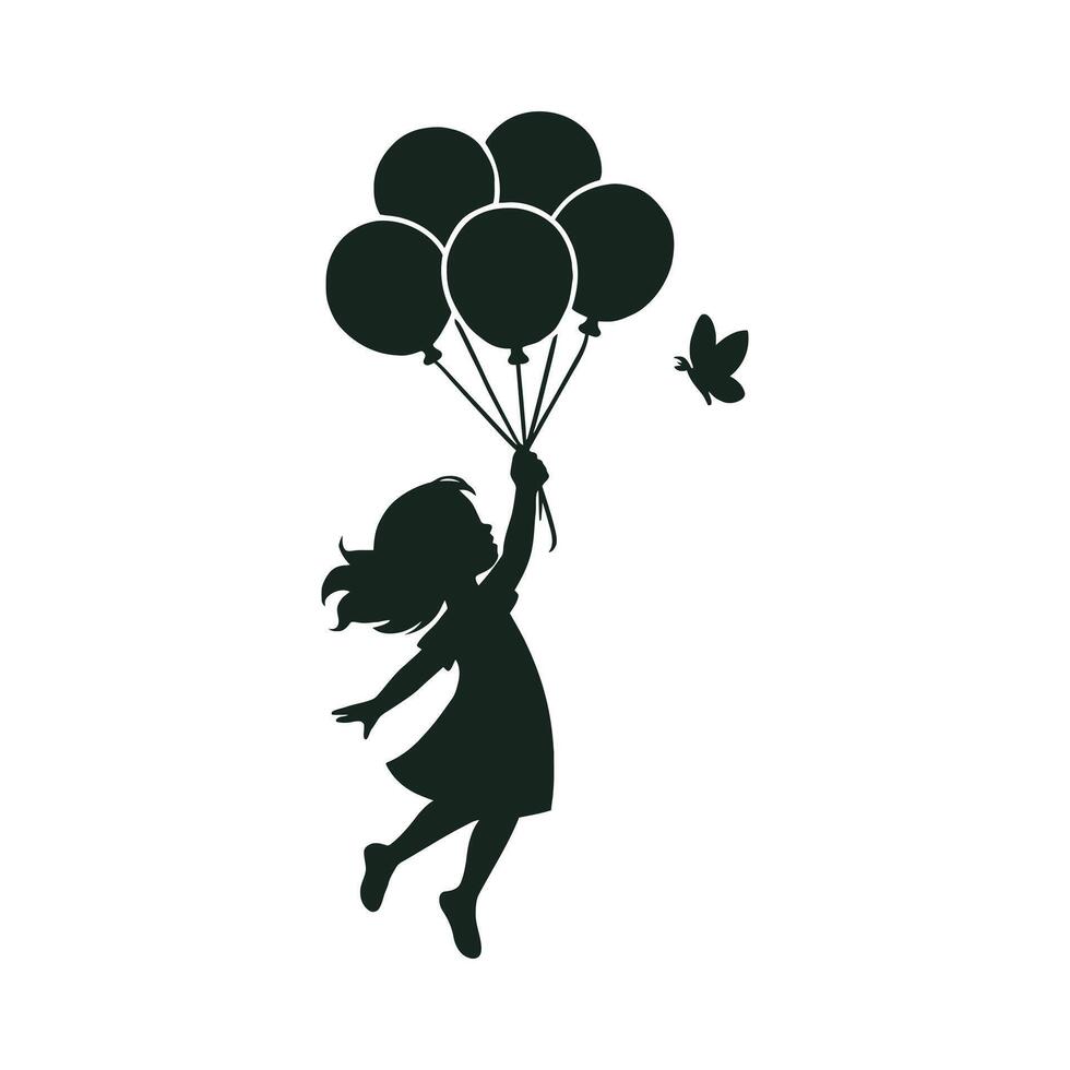 Girl Floating with Balloons and Butterfly Silhouette vector