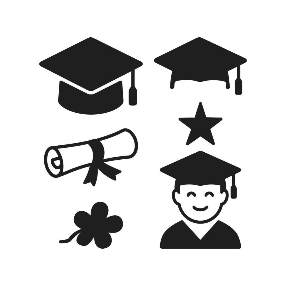 Graduation Cap and Ceremony Icons in Black Silhouette Style vector