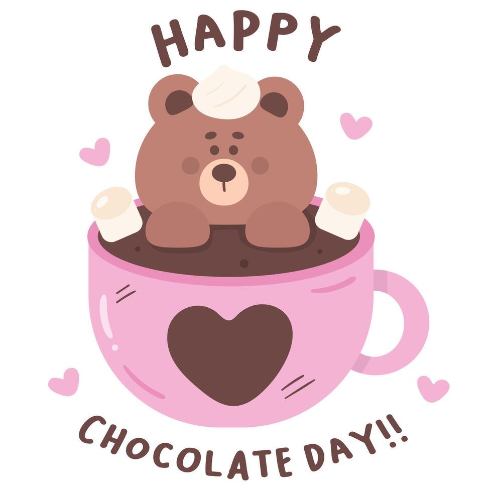 World chocolate day with cute teddy bear cartoon in hot chocolate cup vector