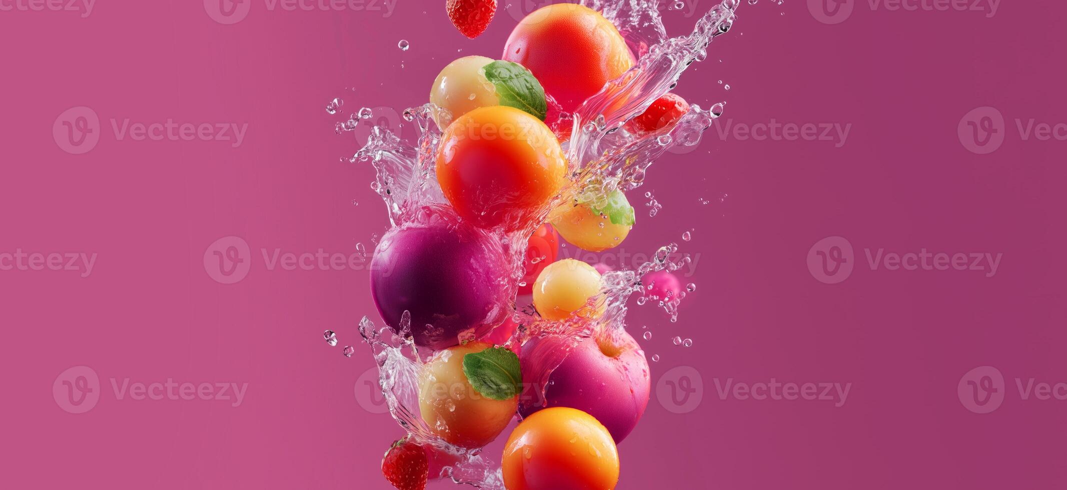 Different varieties of fruits are splashing into clear water against a vibrant pink background. The scene captures the essence of freshness and vitality in cooking, perfect for healthy recipes. photo
