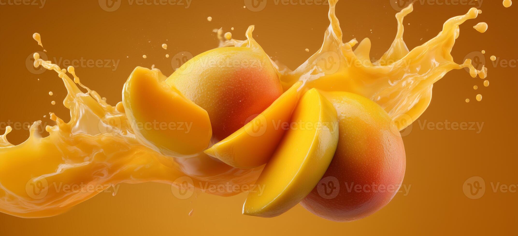 Fresh slices of juicy mangoes are flying through the air, splashing into a pool of vibrant orange juice. This delicious moment captures the essence of tropical flavors and summer vibes. photo