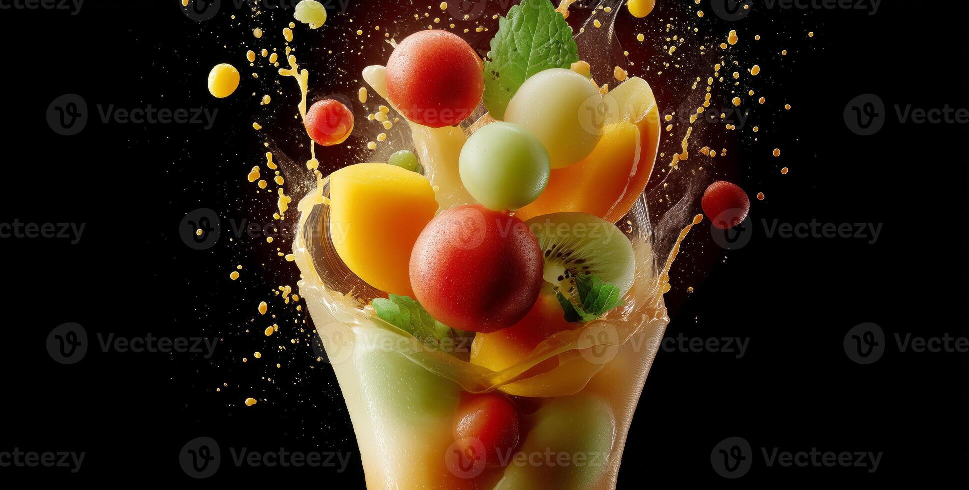 Brightly colored fruit salad prepared with a variety of fresh fruits including melon, berries, and kiwifruit, creating a vibrant display. photo