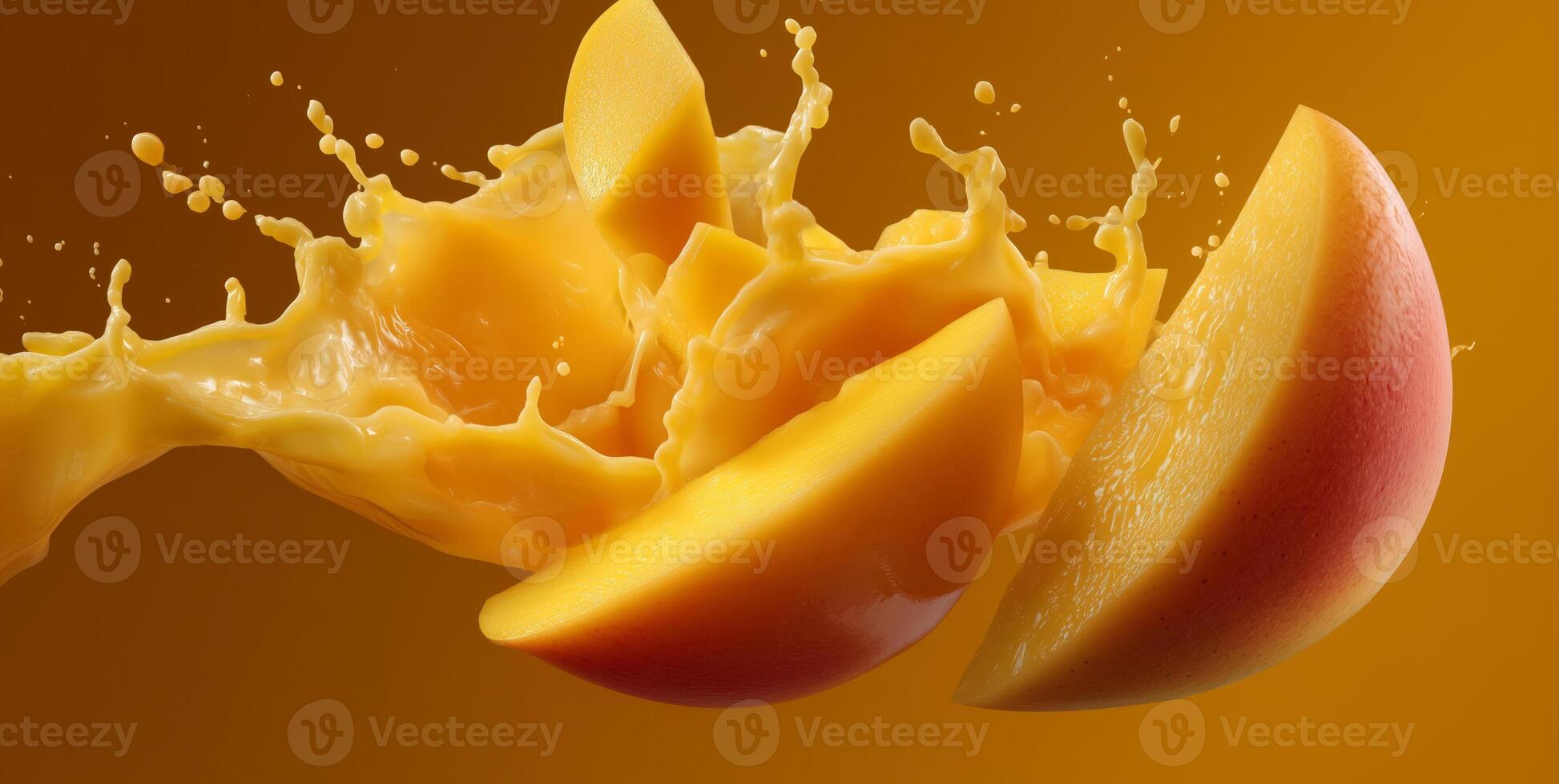Bright yellow mango slices burst through a splash of juice, creating a lively scene filled with fresh flavors. The dynamic motion captures the essence of tropical cooking and refreshing visits. photo