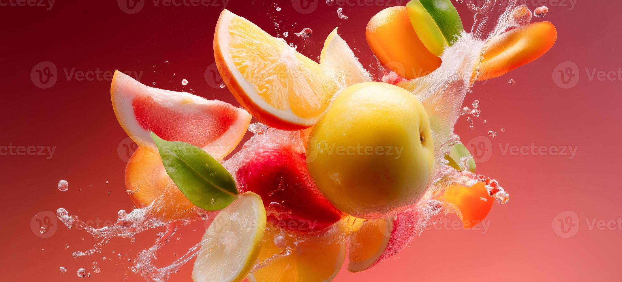 A vibrant display of various fruits including apples, oranges, and lemons bursts into water, creating an exciting and colorful atmosphere. photo