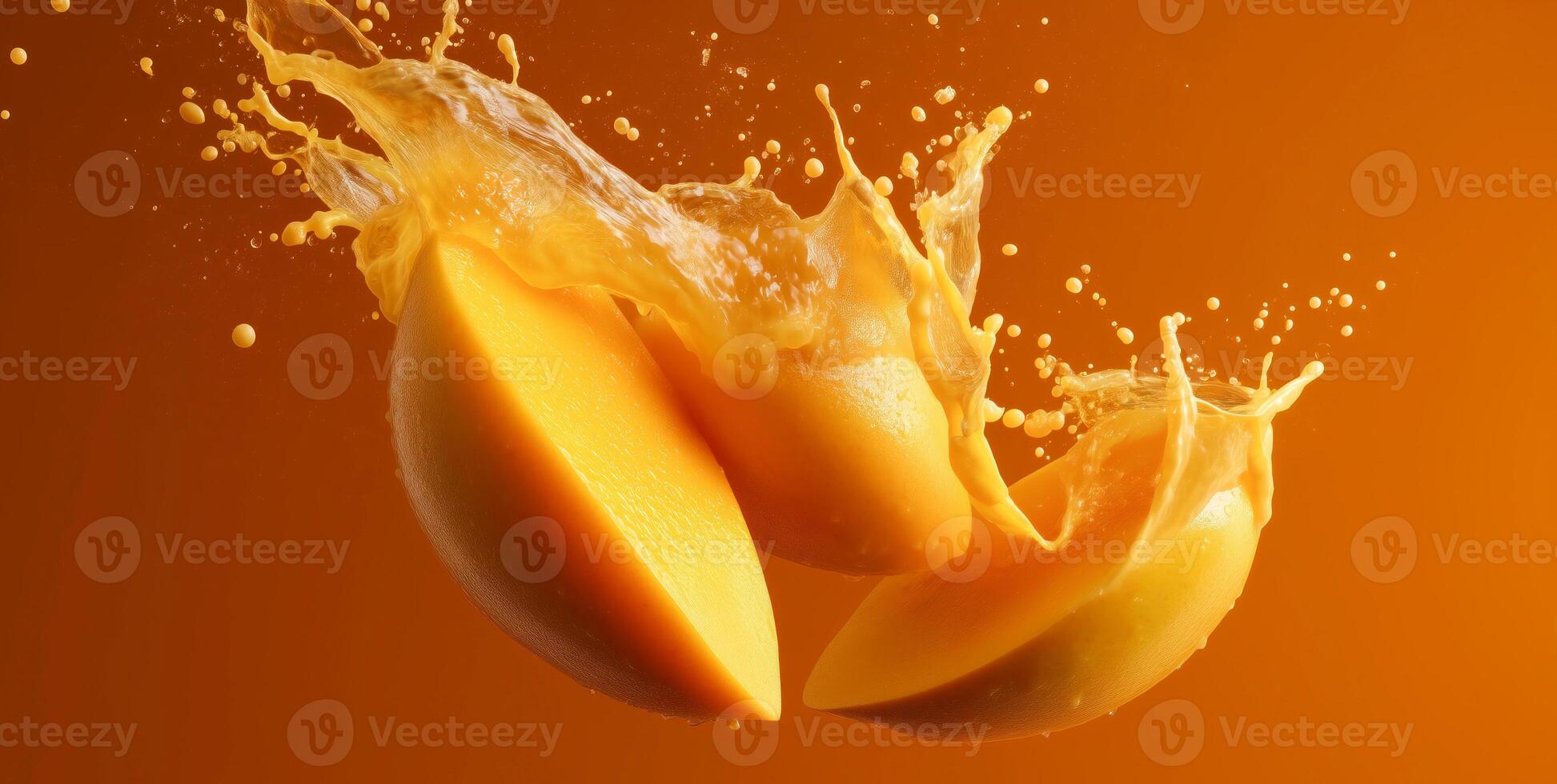 Fresh mango slices burst into a splash of juice against a bright orange background, emphasizing the juicy texture and vibrant color, ideal for cooking or beverage preparation. photo