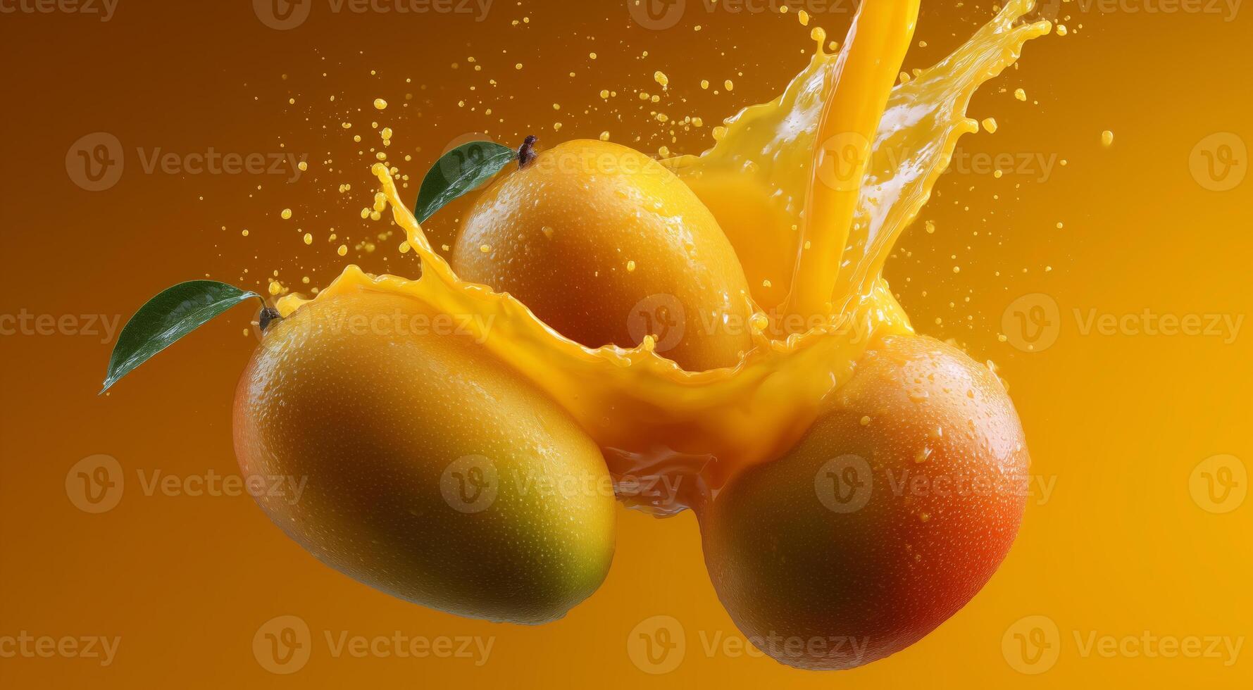 Three ripe mangoes drop into a bowl, creating a splash of bright yellow juice. This lively moment captures the essence of cooking with fresh, juicy fruits in a bright kitchen setting. photo