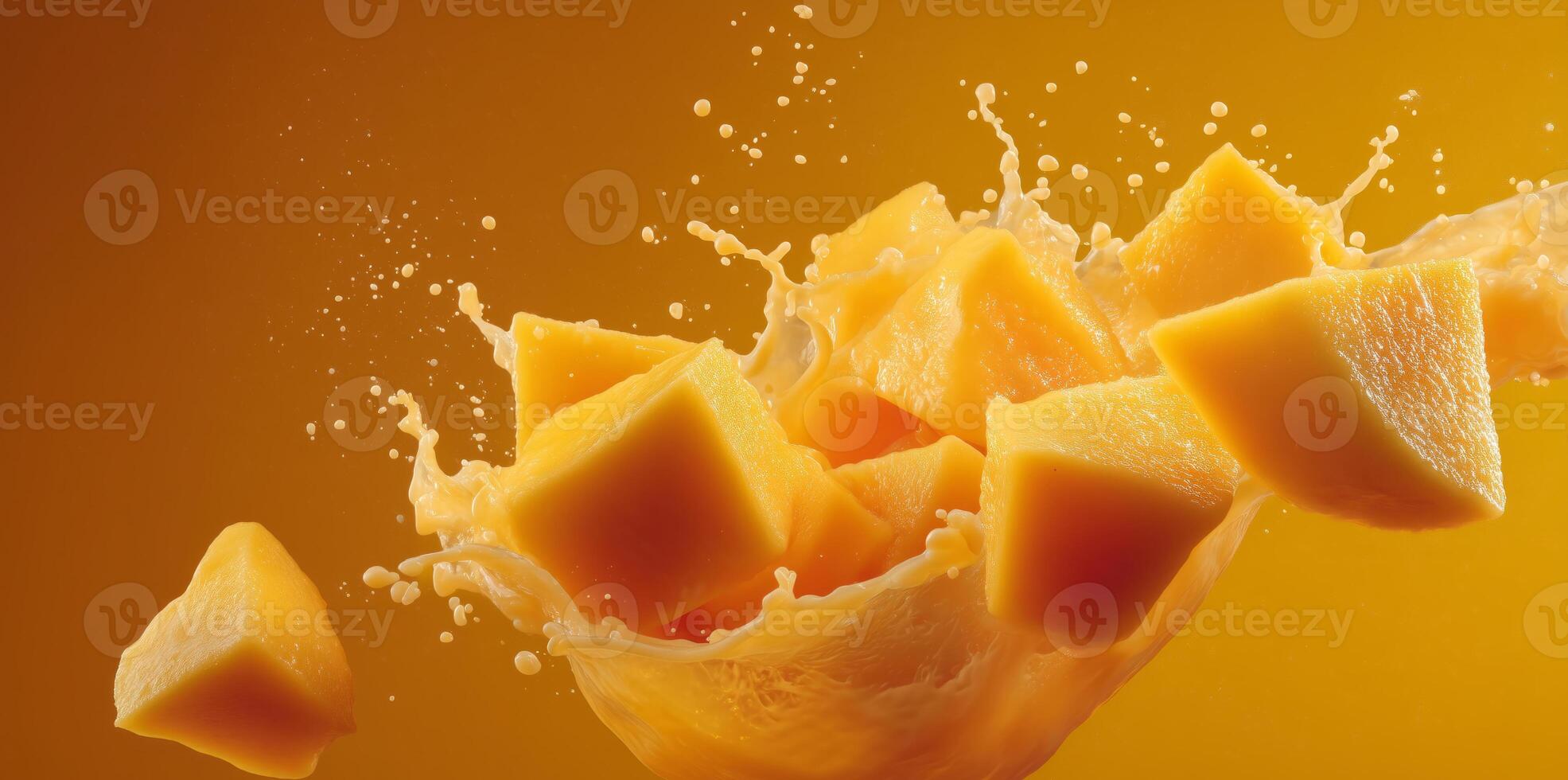 Fresh mango chunks are caught in mid-air as they splash into a bright orange juice. The dynamic motion captures the essence of summer cooking, emphasizing the joy of preparing flavorful dishes. photo
