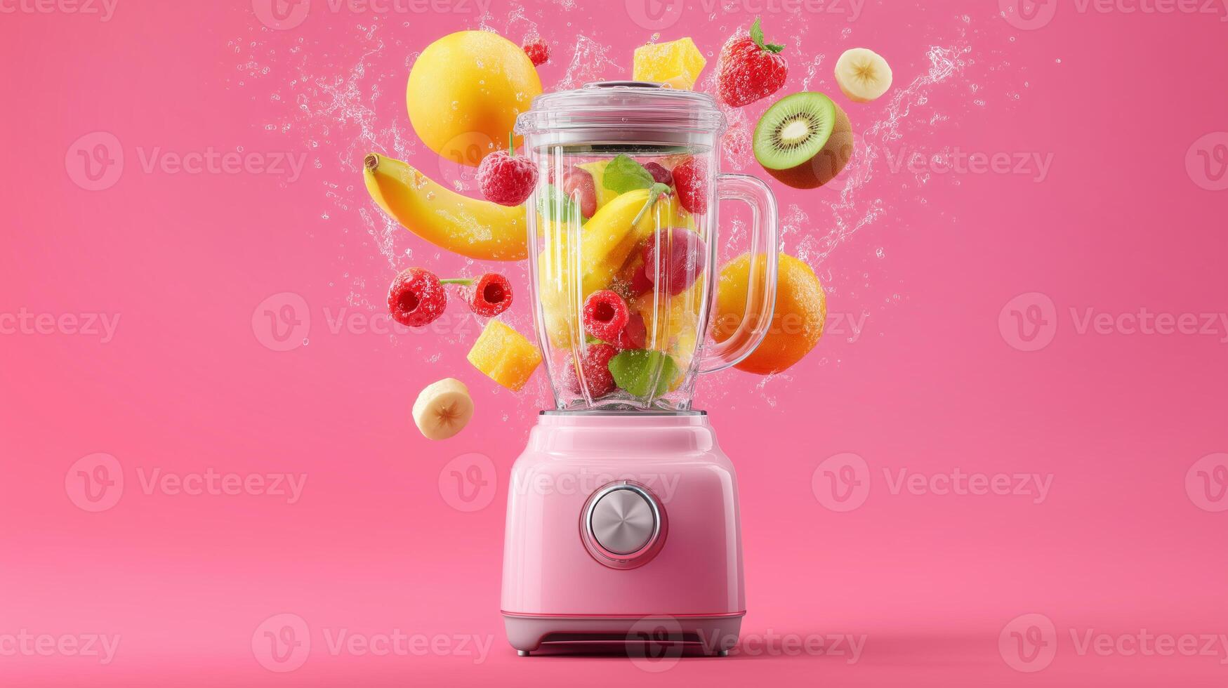 Vibrant fruits like bananas, kiwis, and raspberries are caught mid-air above a pink blender. This creative activity showcases the joyful art of cooking while preparing a healthy smoothie. photo