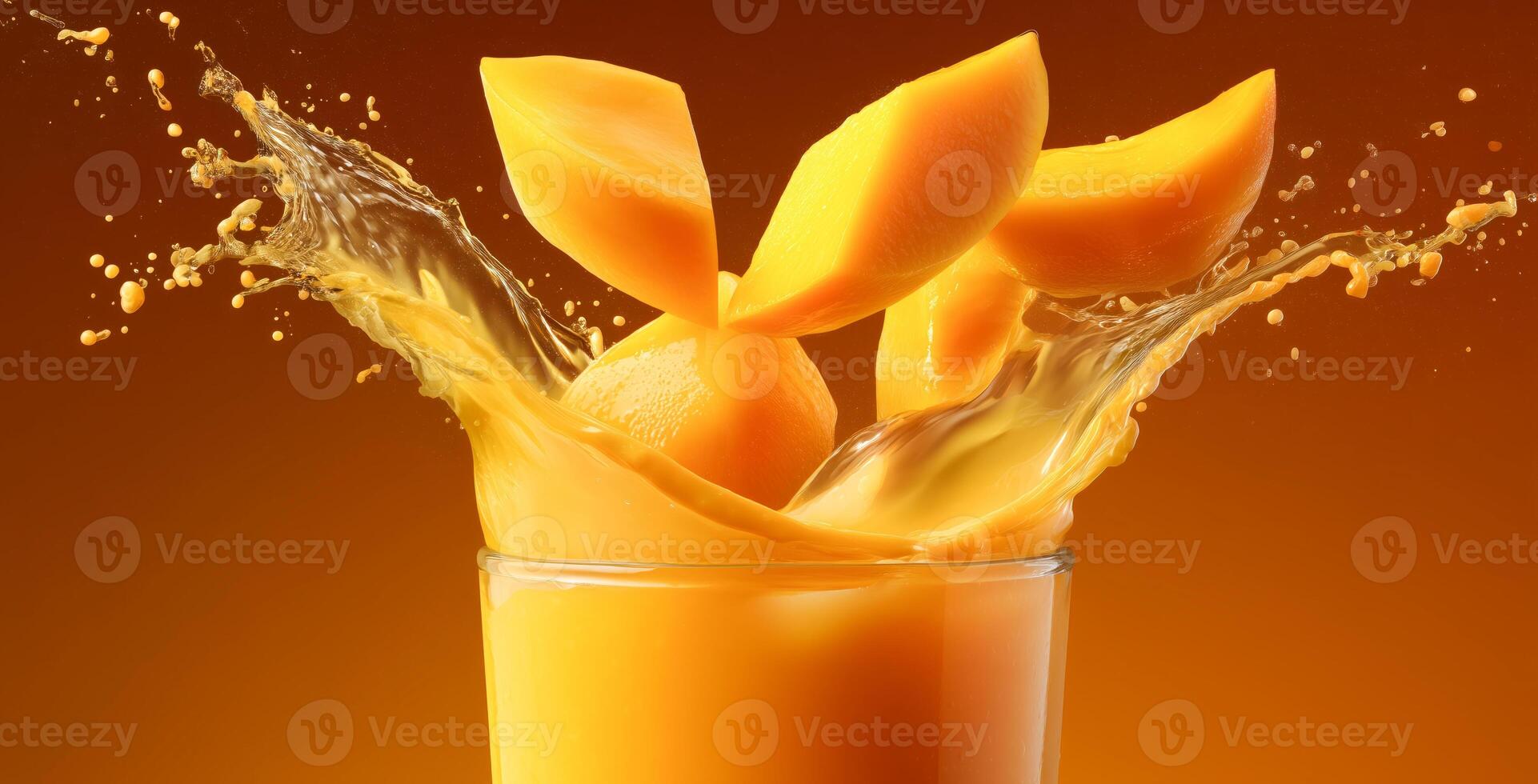 Juicy mango pieces fall into a clear glass of orange juice, creating a delightful splash. The rich colors and dynamic movement capture the freshness and energy of the cooking moment. photo