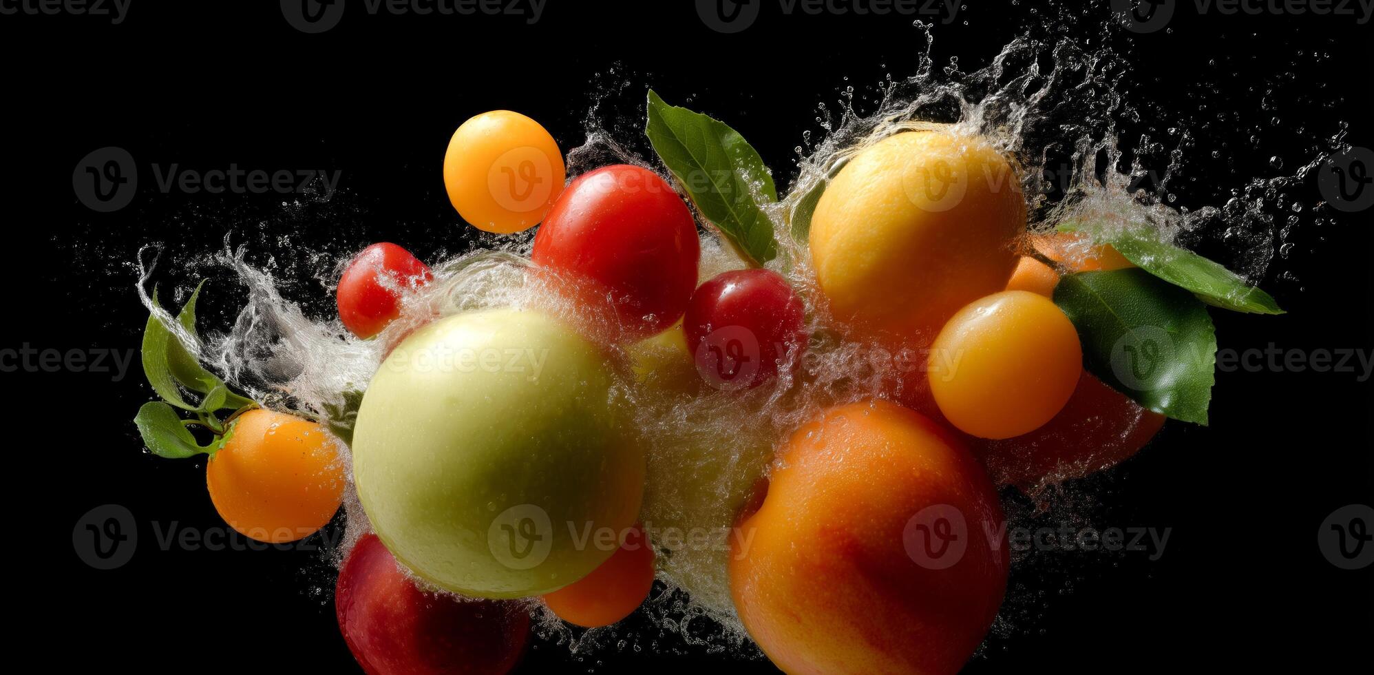 Fresh fruits including apples, tomatoes, and oranges burst through water, adding excitement to cooking activities. This lively action captures the essence of vibrant culinary preparation. photo