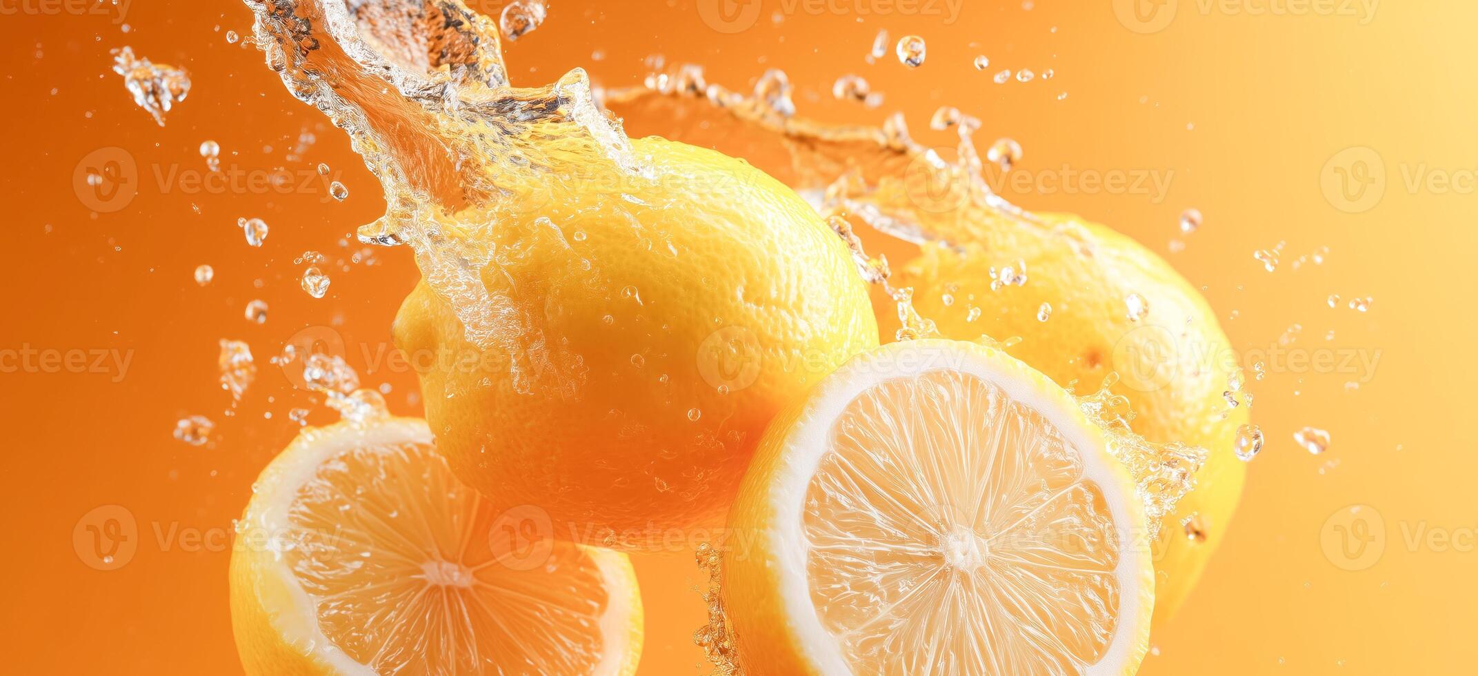 Fresh lemons are bursting through the water with droplets flying in all directions against a bright orange background, highlighting their zesty flavor during food preparation and cooking. photo