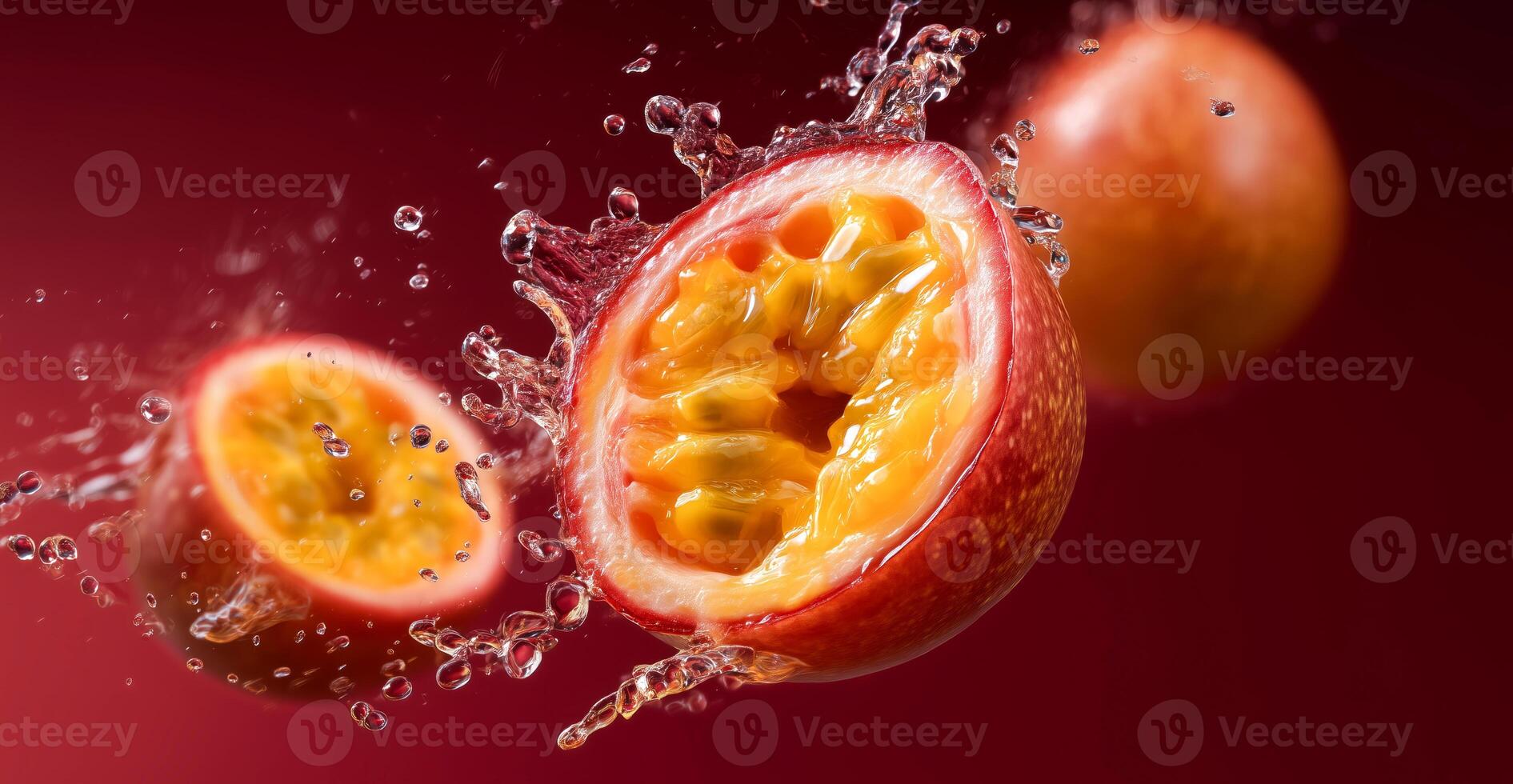 Passion fruits burst open, revealing juicy pulp while splashes of water surround them. The kitchen backdrop highlights an artistic cooking atmosphere with bold colors and textures. photo