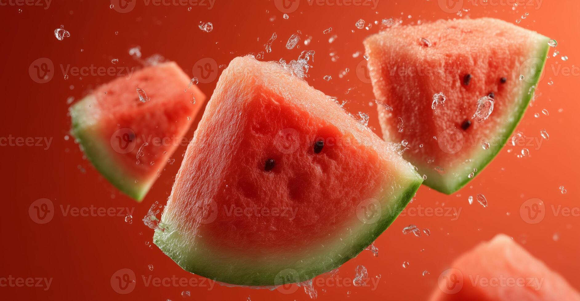 Colorful watermelon slices are airborne, creating splashes of water droplets in an energetic display. The vibrant orange backdrop enhances the freshness of the fruit as it captures attention. photo