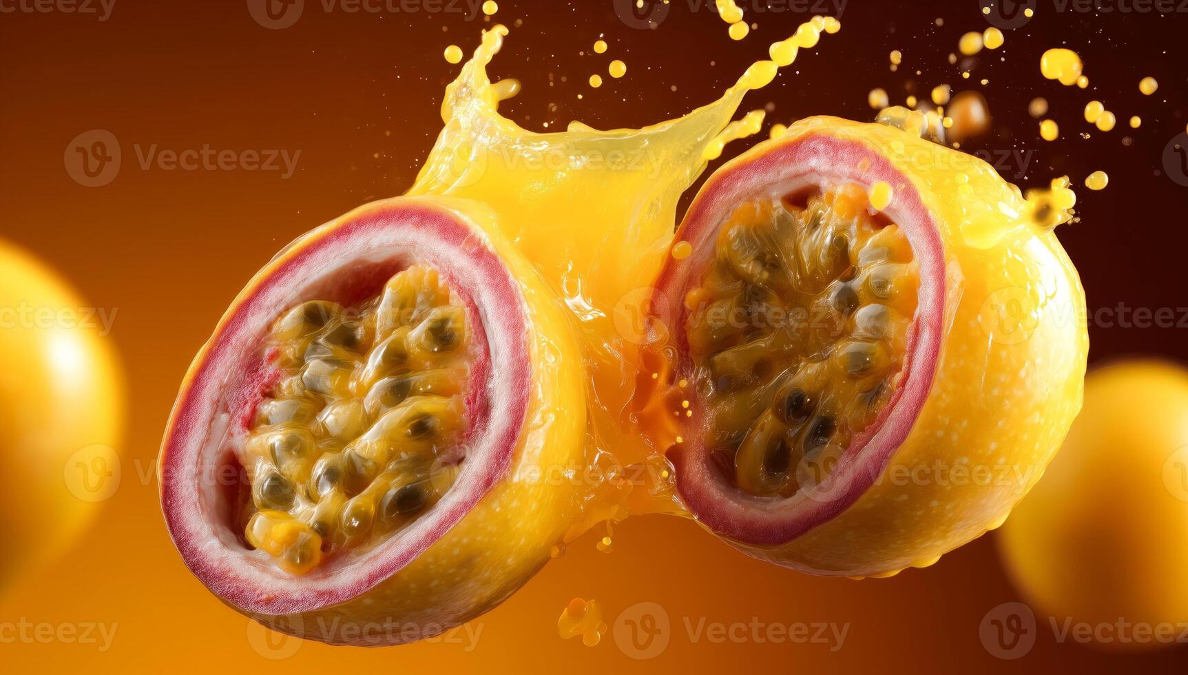Brightly colored passion fruit bursts open, revealing its juicy, vibrant yellow pulp and seeds. This dynamic cooking moment captures the essence of fresh ingredients for culinary delights. photo