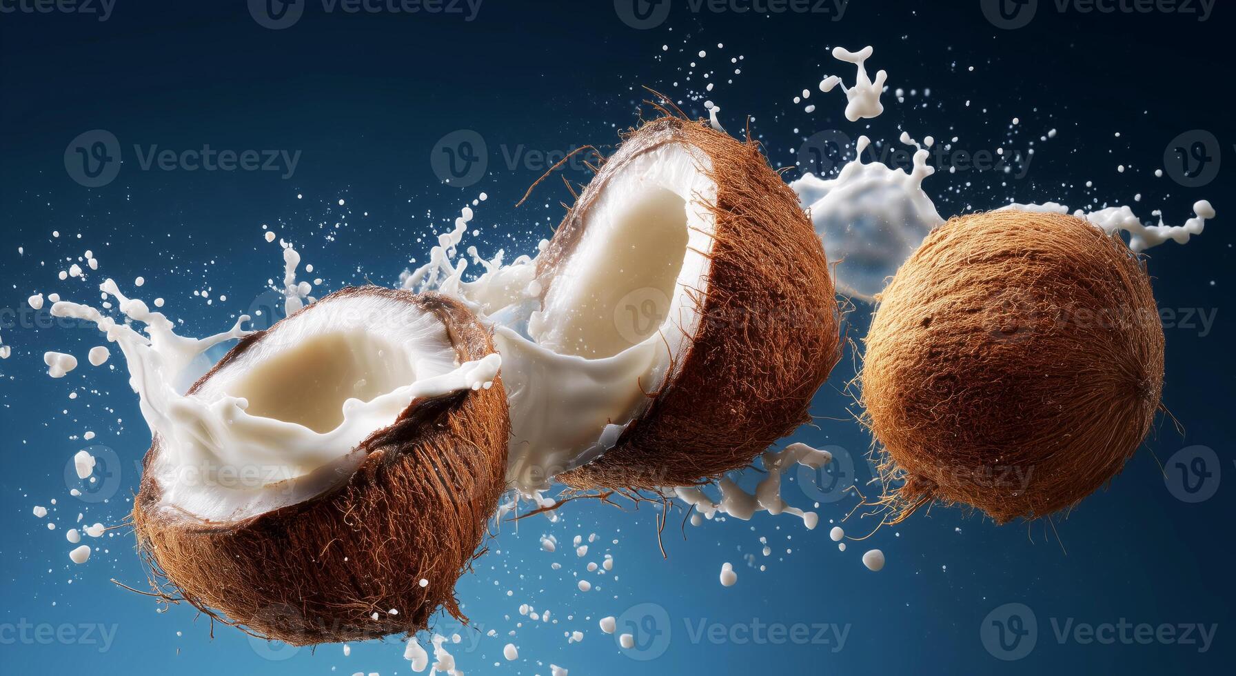 Coconuts burst open, splashing coconut milk in an energetic cooking display. The vibrant blue backdrop accentuates the freshness of the ingredients, enhancing the appeal for culinary enthusiasts. photo