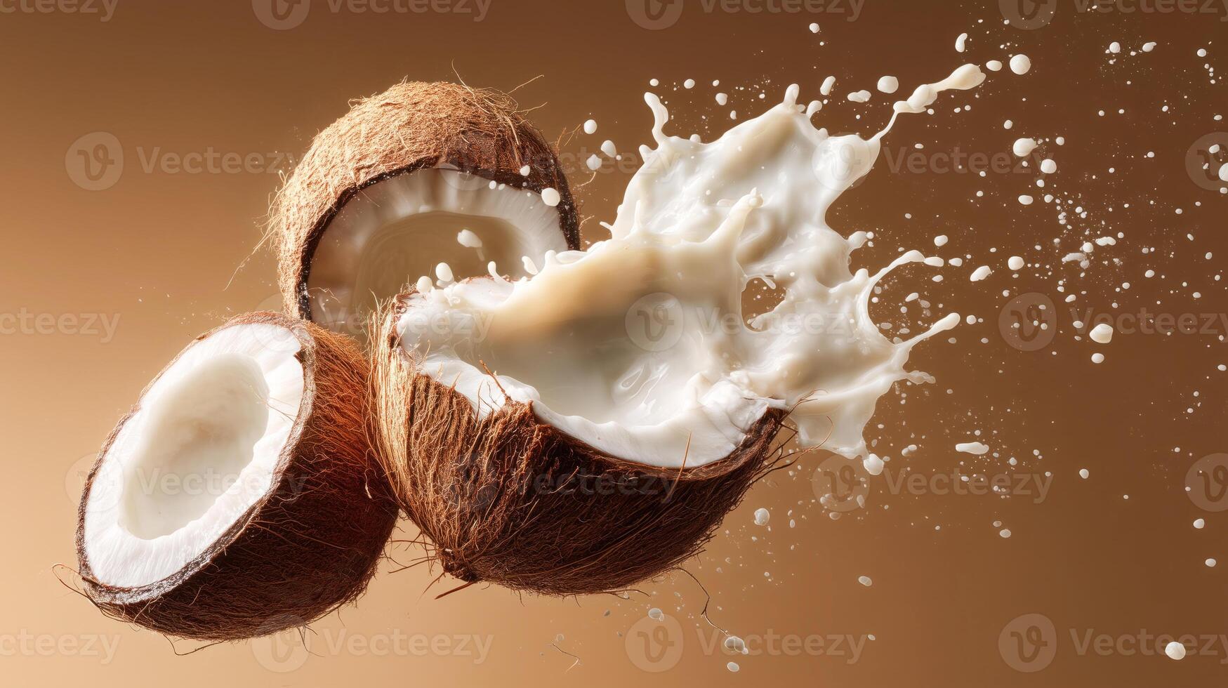 Fresh coconut halves explode with creamy milk, creating a splash against a warm brown background. This vibrant cooking moment captures the essence of tropical flavors. photo