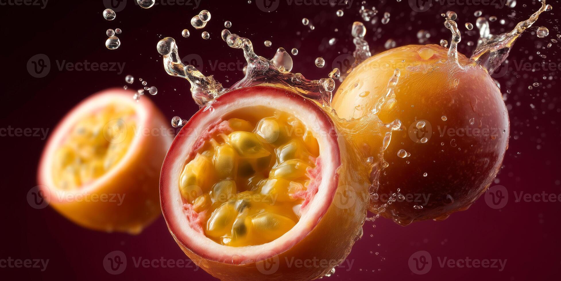 Freshly cut passion fruits are bursting with juice, creating splashes of water around them. The vibrant colors and dynamic movement highlight the freshness and deliciousness of this tropical fruit. photo