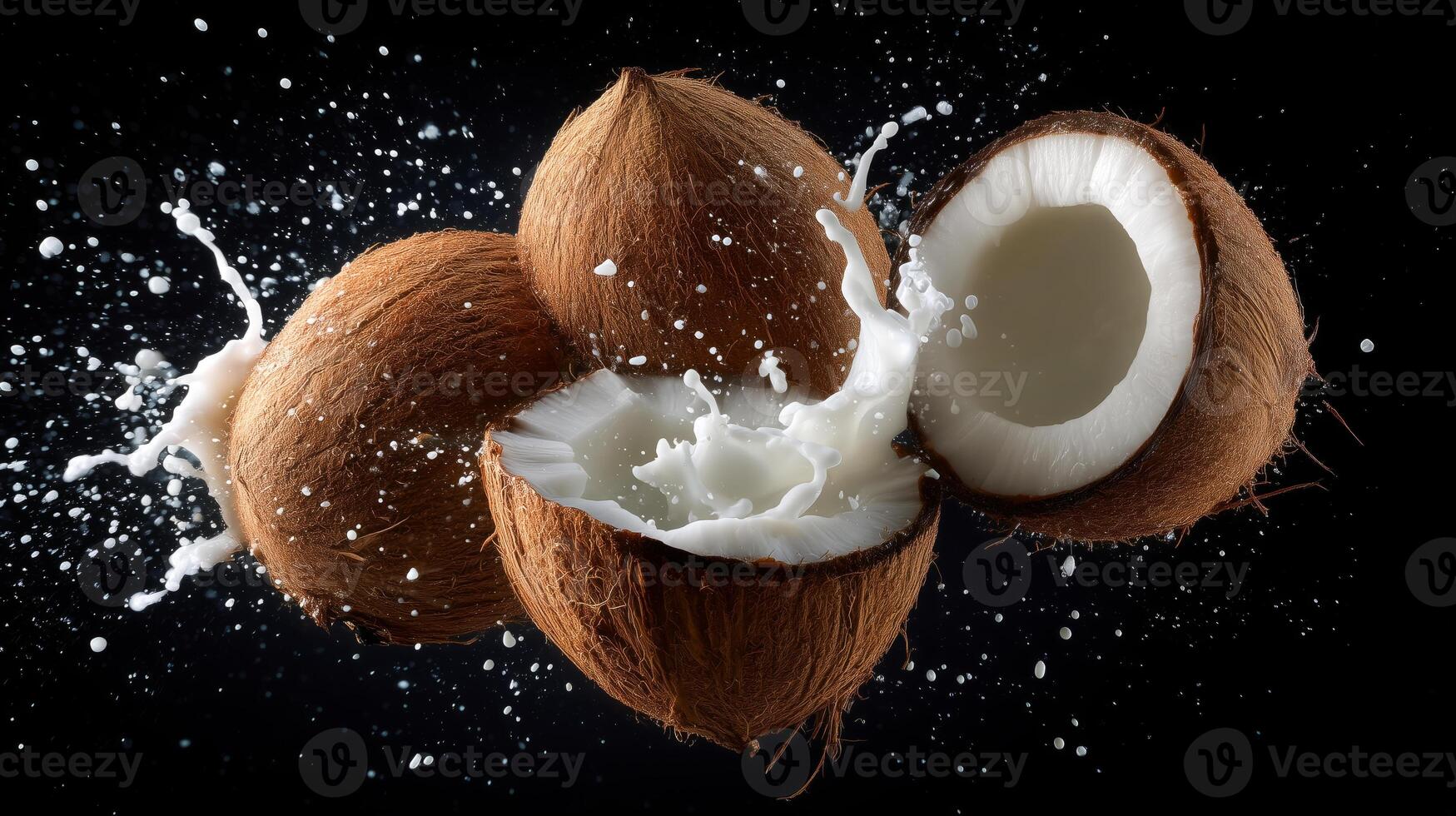 Coconuts are exploding, sending milk flying in an energetic cooking moment. The background is dark, emphasizing the rich textures and colors of the coconuts and the milk splashing outward. photo
