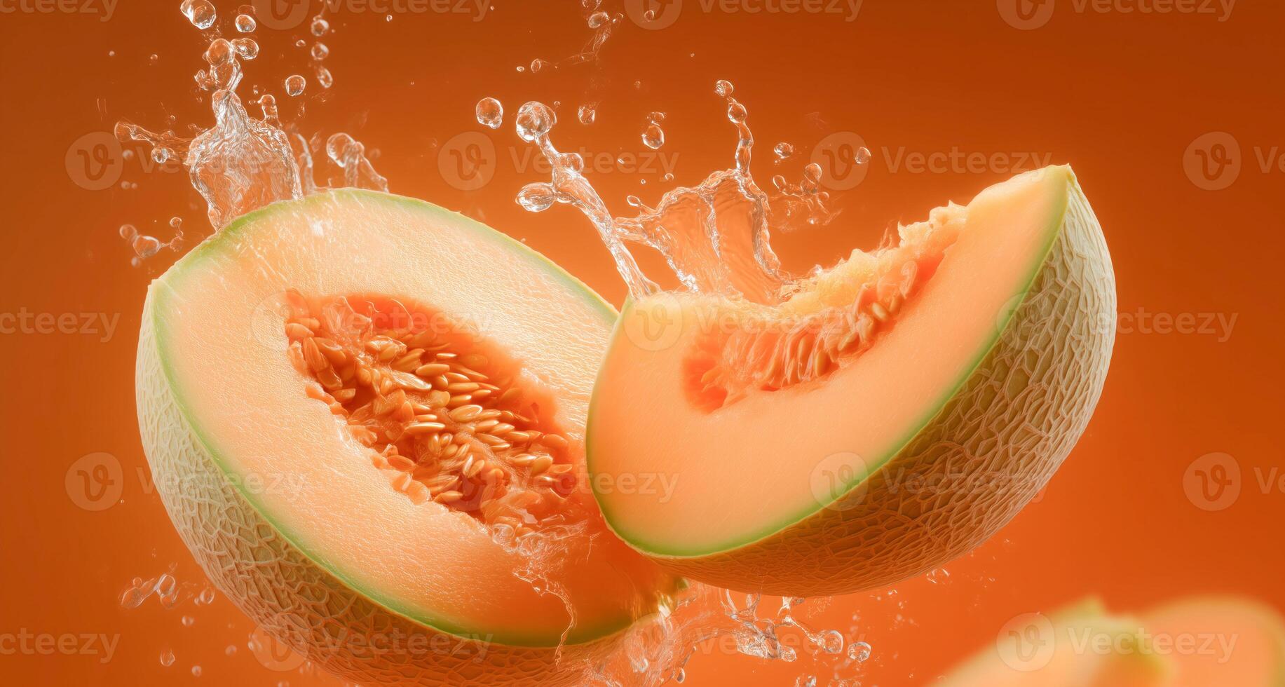 Cantaloupe halves sit against a bright orange background as droplets of water splash around them, showcasing the freshness and juiciness of the fruit. photo
