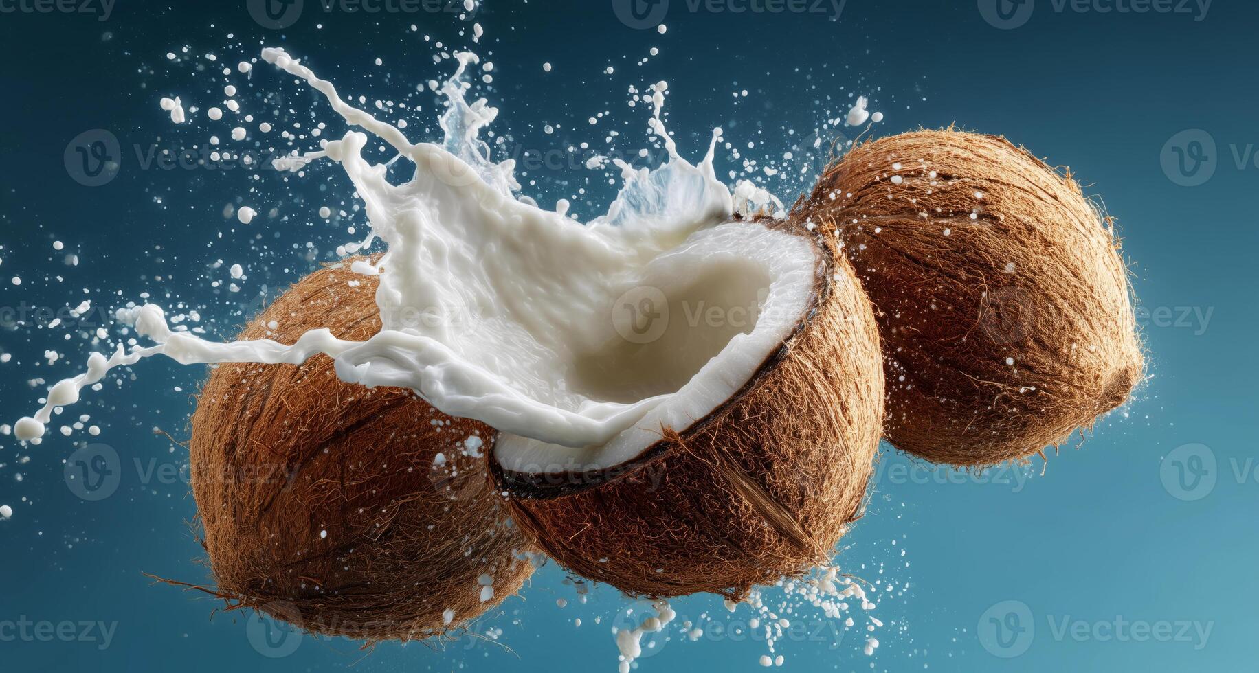 Three coconuts burst open, releasing creamy coconut milk that splashes in every direction. The vibrant backdrop enhances the freshness of the scene, creating an appealing culinary moment. photo
