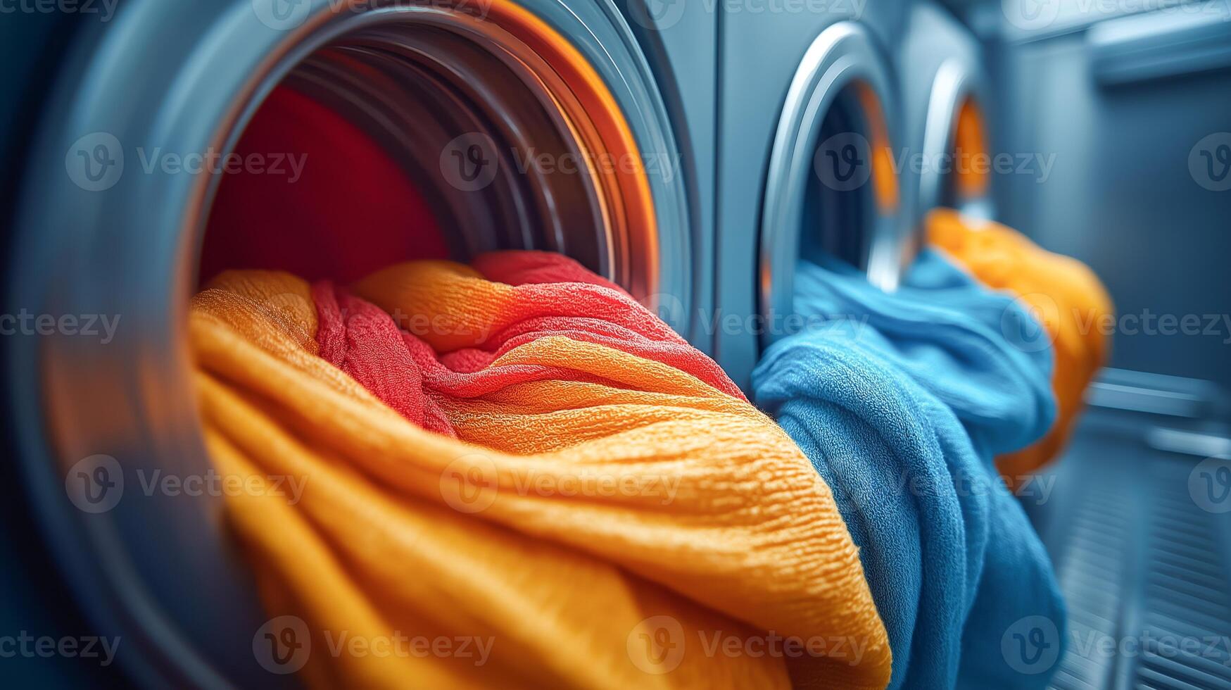 Brightly colored towels are being washed in several machines at a busy laundromat. photo