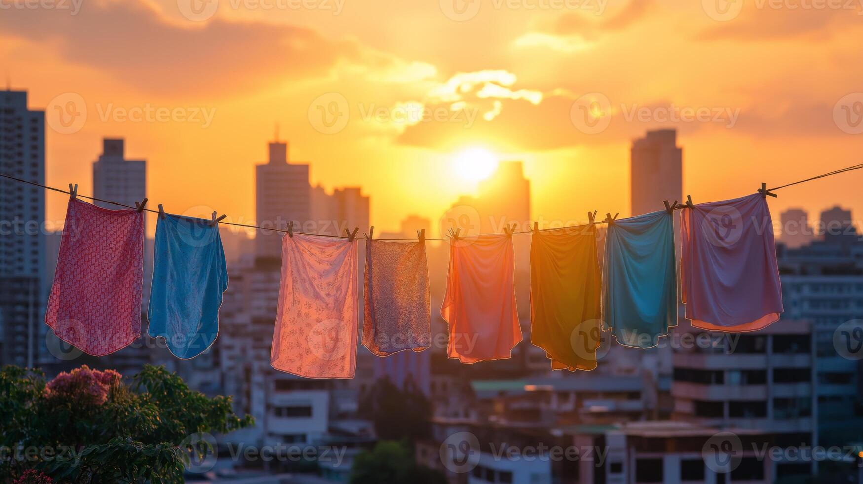 Brightly colored clothes sway gently on a line as the sun sets, casting a warm glow over buildings. photo