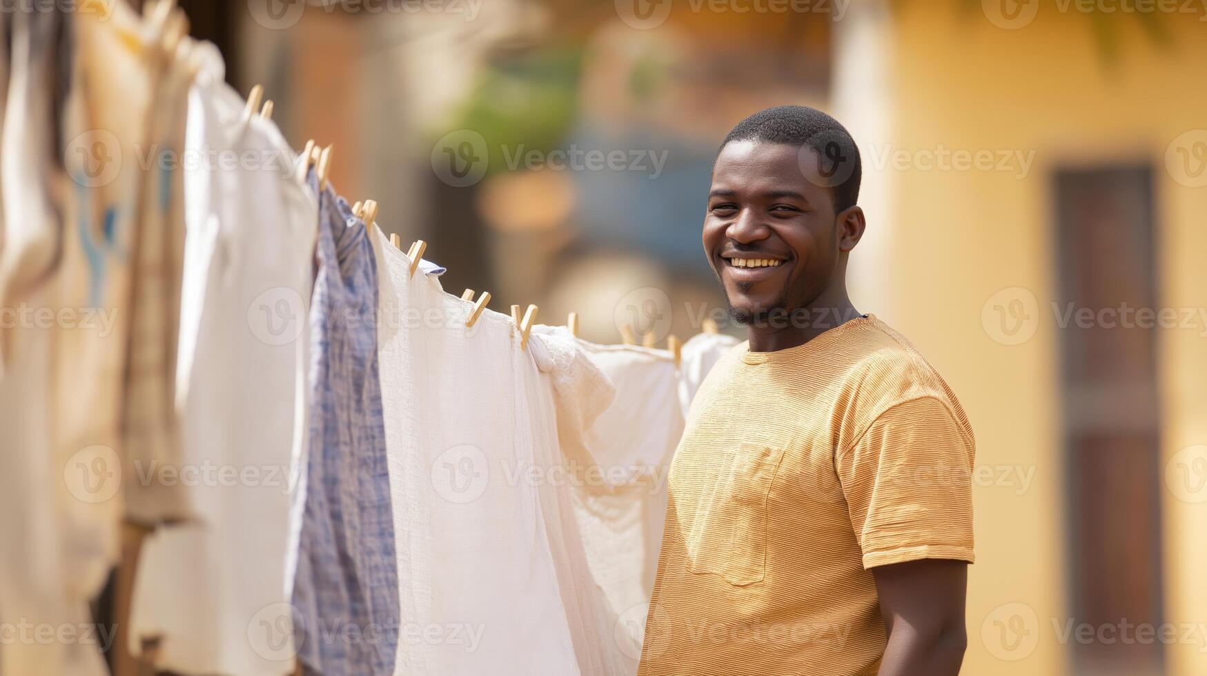 A man enjoys a bright day, hanging clean laundry on a clothesline in a colorful environment. photo