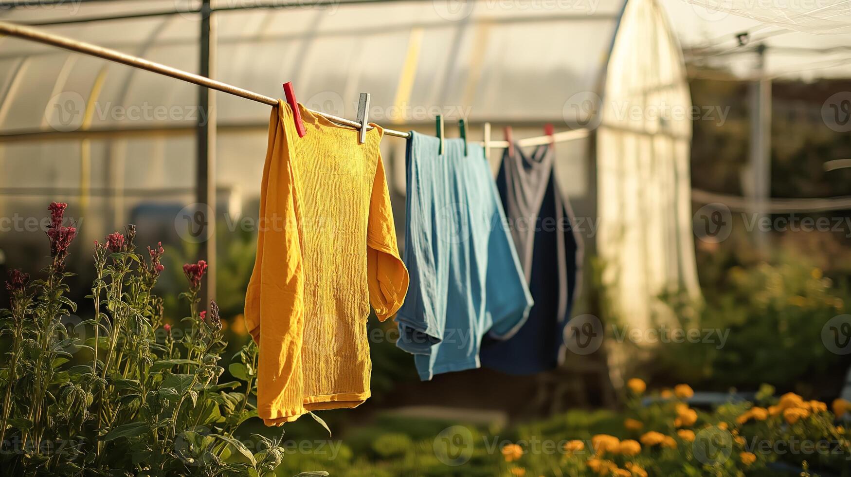 Brightly colored clothes hang on a line, surrounded by flowers and a greenhouse in the sunshine. photo