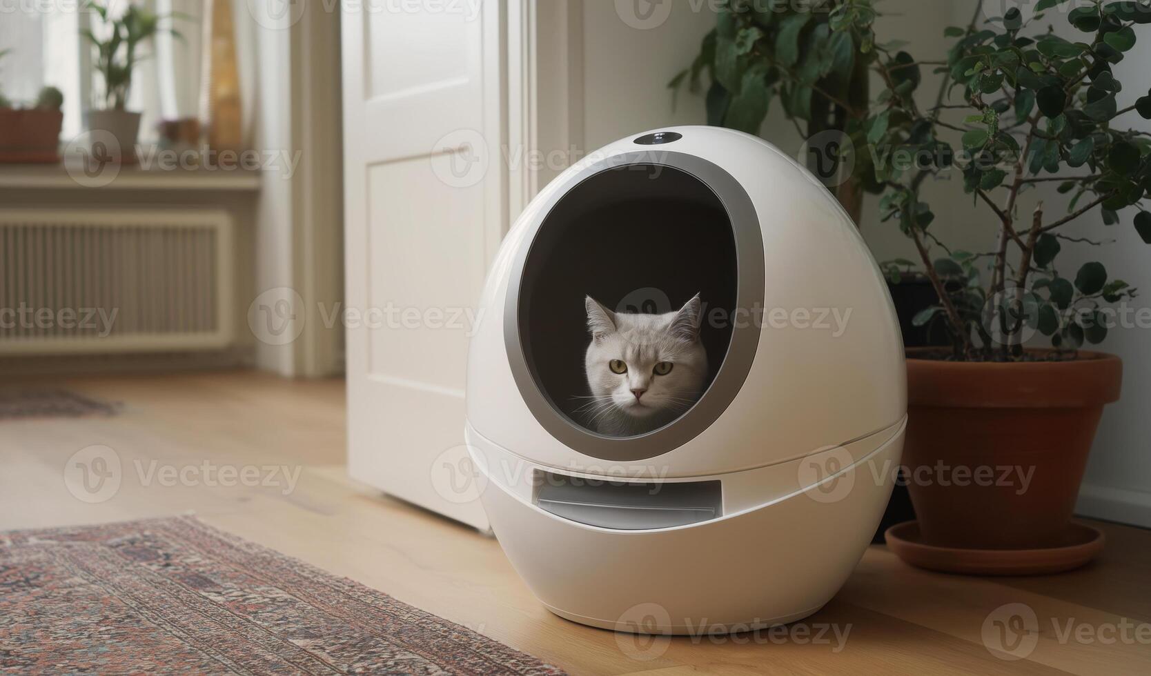 A cat sits inside a modern litter box located in a cozy room with plants. The well-kept space features natural sunlight, showcasing the importance of pet care and maintenance. photo