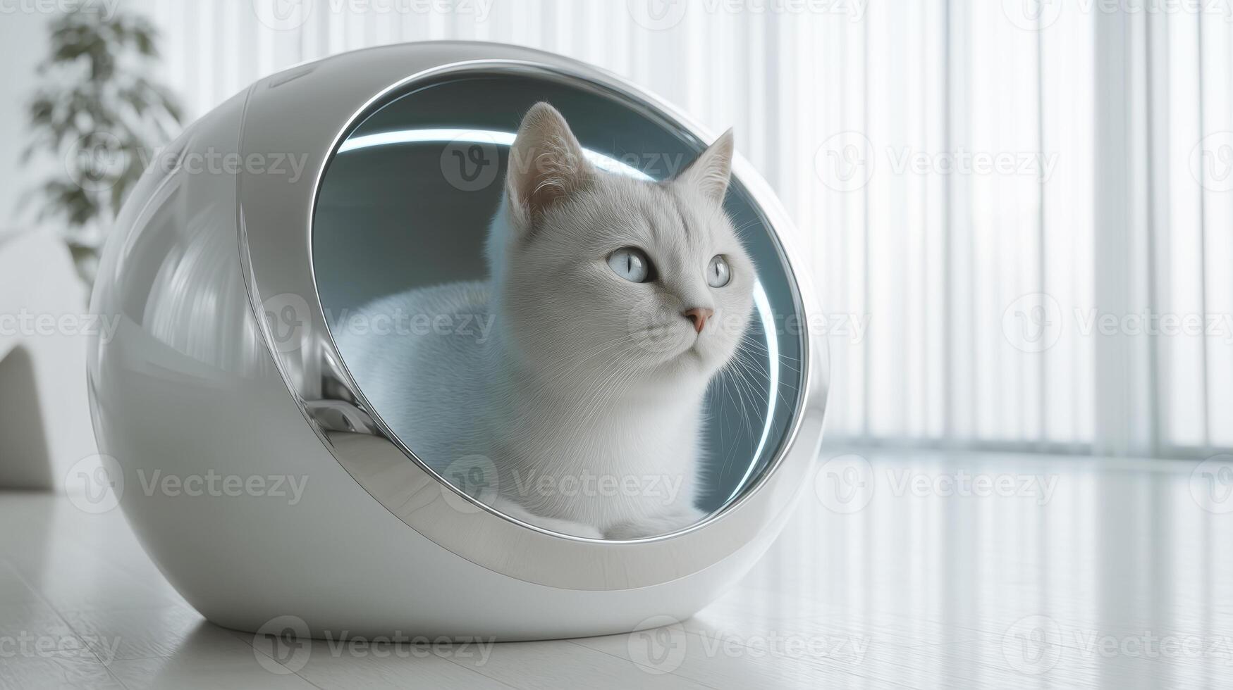 A white cat comfortably sits in a sleek, contemporary pet toilet designed for easy care and maintenance. Bright natural light fills the space, enhancing the modern aesthetic of the room. photo