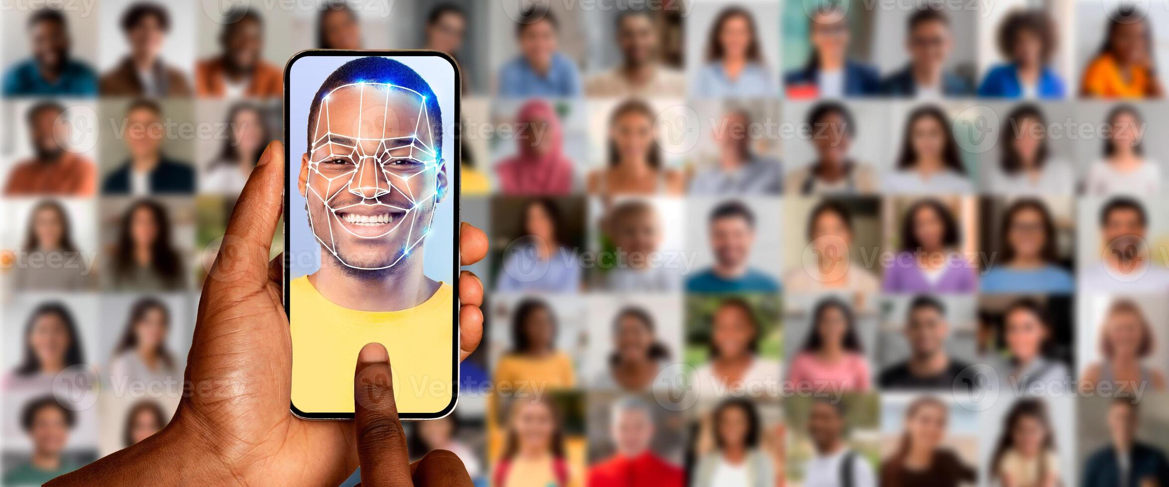 A user scans their face on a smartphone screen, utilizing facial recognition technology. photo