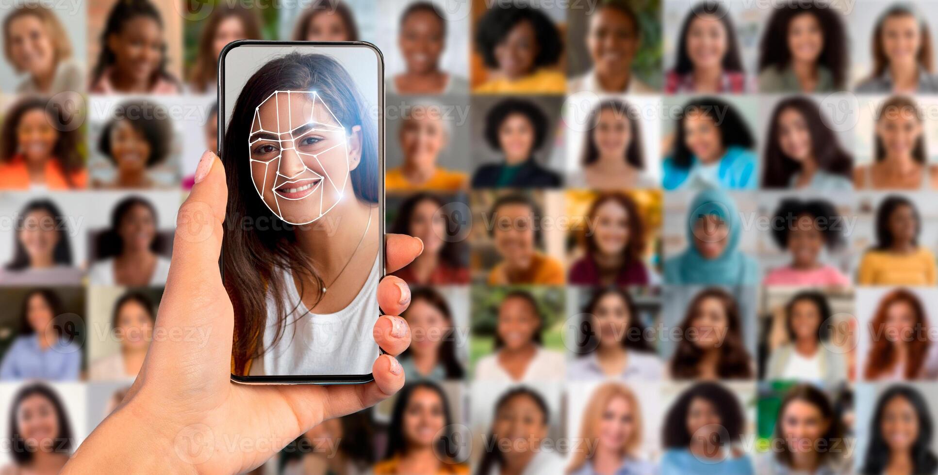 A person holds a smartphone displaying facial recognition software. In the background, a collage features various women, highlighting the versatility of modern identification technology. photo