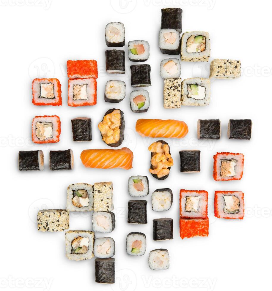 Sushi platter isolated on white background. Japanese food restaurant delivery - maki, salmon and caviar california rolls big party set, top view photo