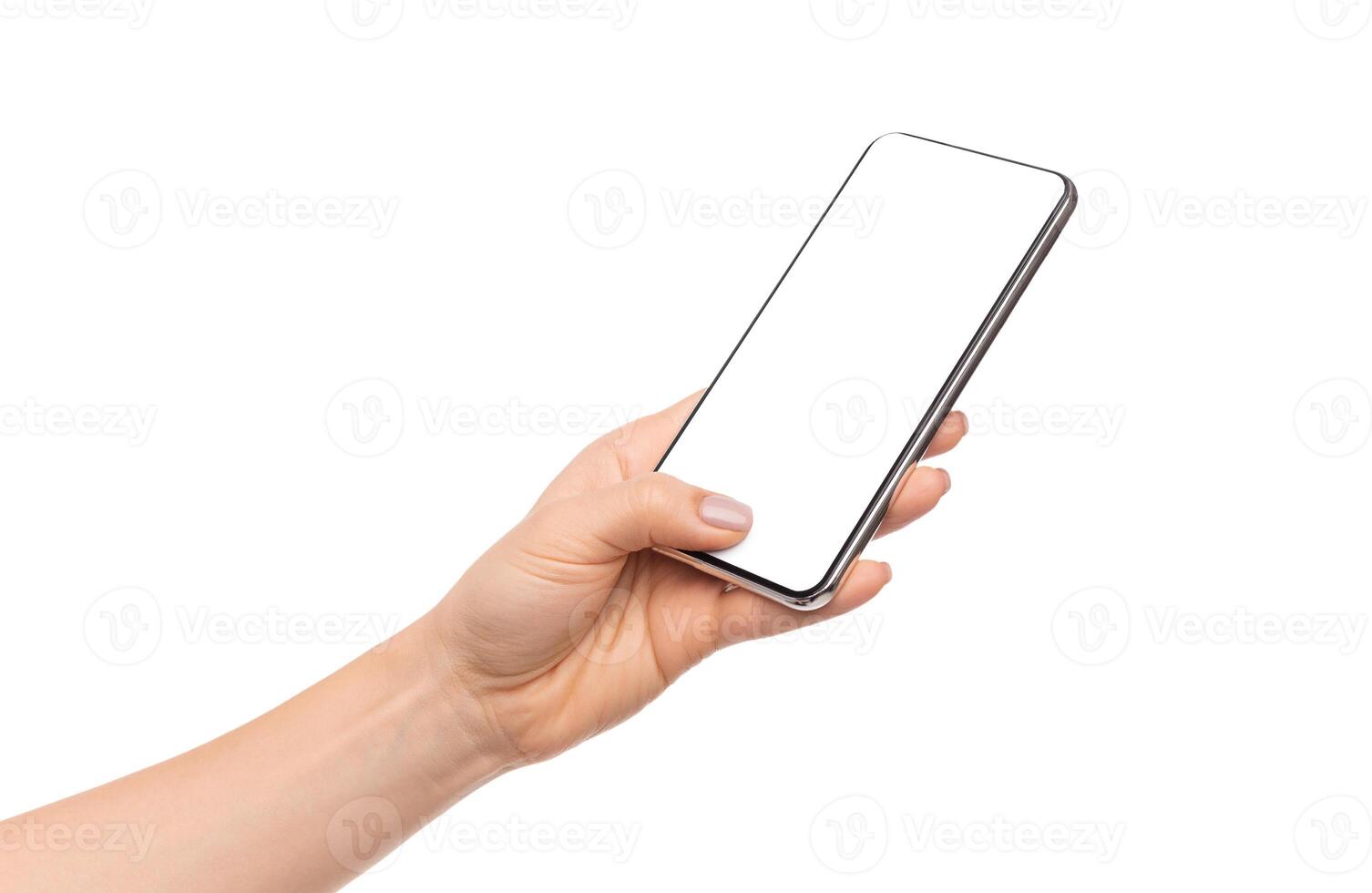 Female hand holding and touching blank smartphone screen with thumb, isolated on white background photo