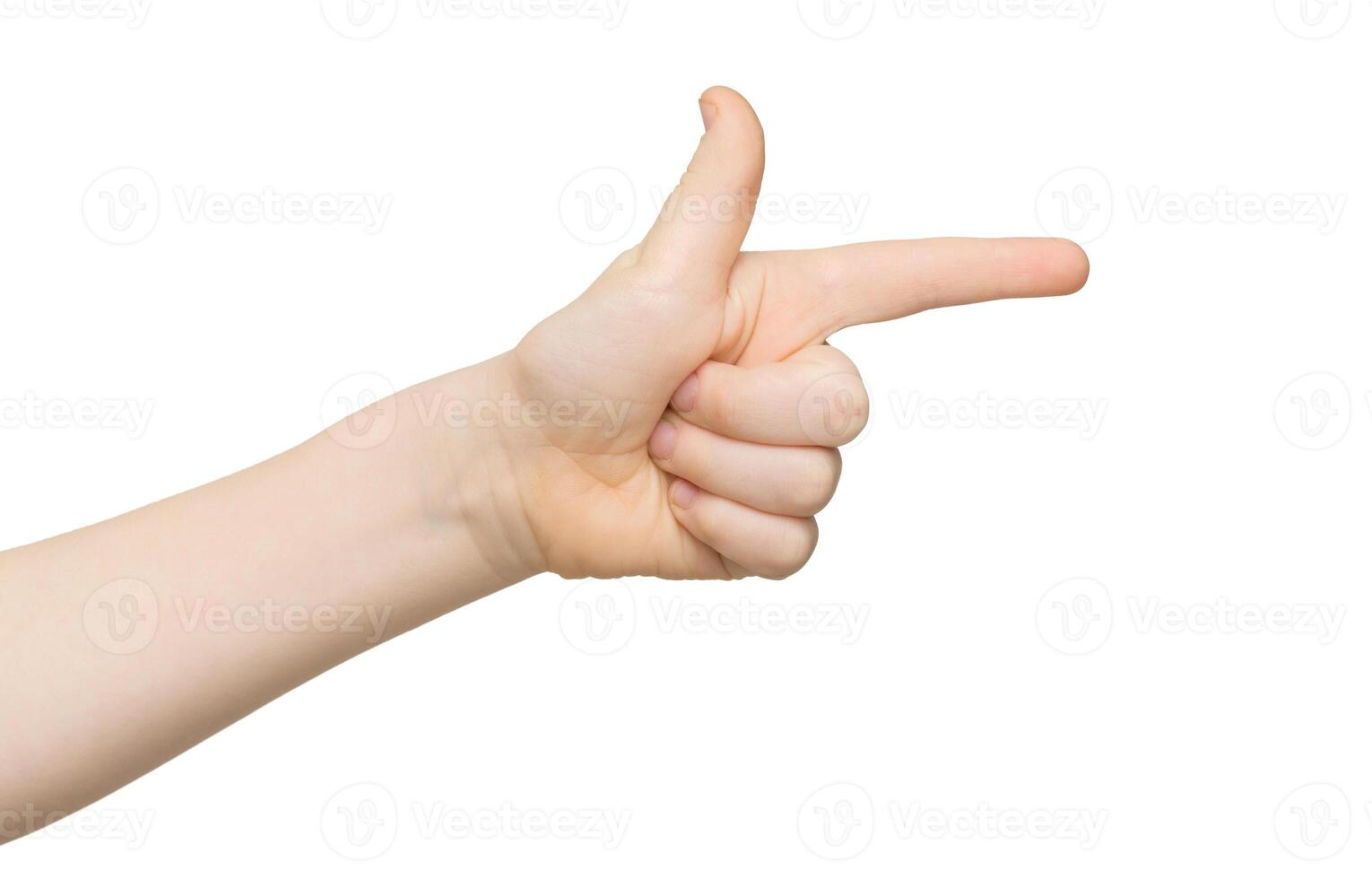 Kid hand pointing on virtual object with index finger, making gun gesture, isolated on white background, close-up photo