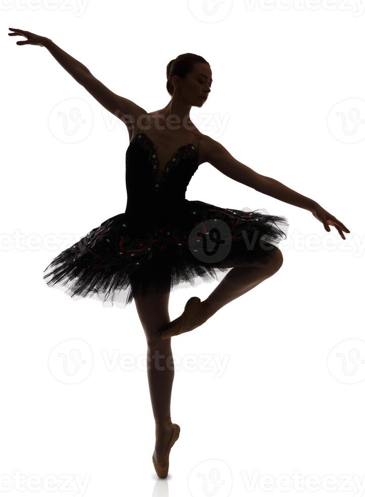 A ballerina silhouette making pirouette against white background, isolated. Professional dancer in tutu skirt. Choreography classes concept photo