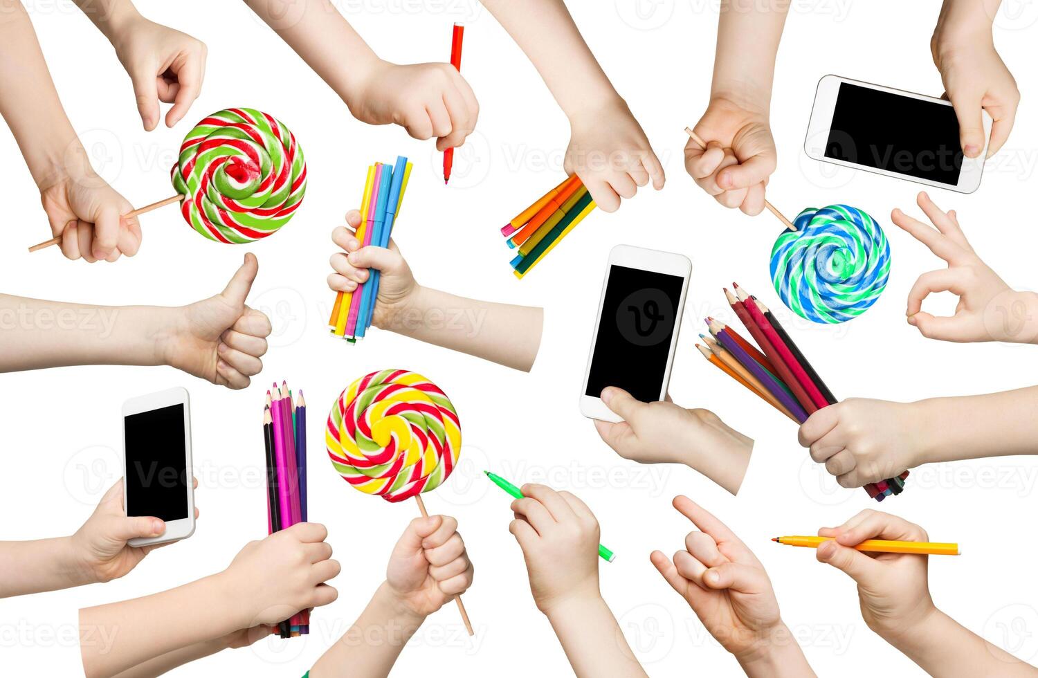 Set of child hands holding items. Gadgets, lollipops, pencils in various hadns. Isolated at white background photo