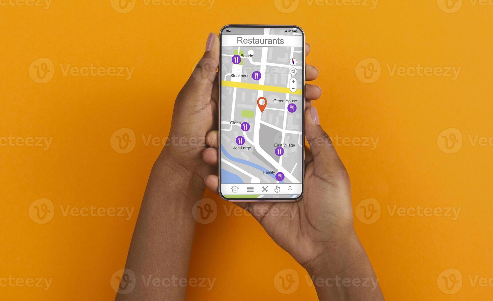 African American girl holding cellphone with map and restaurant navigation pointers on screen, orange background. Collage. Panorama photo