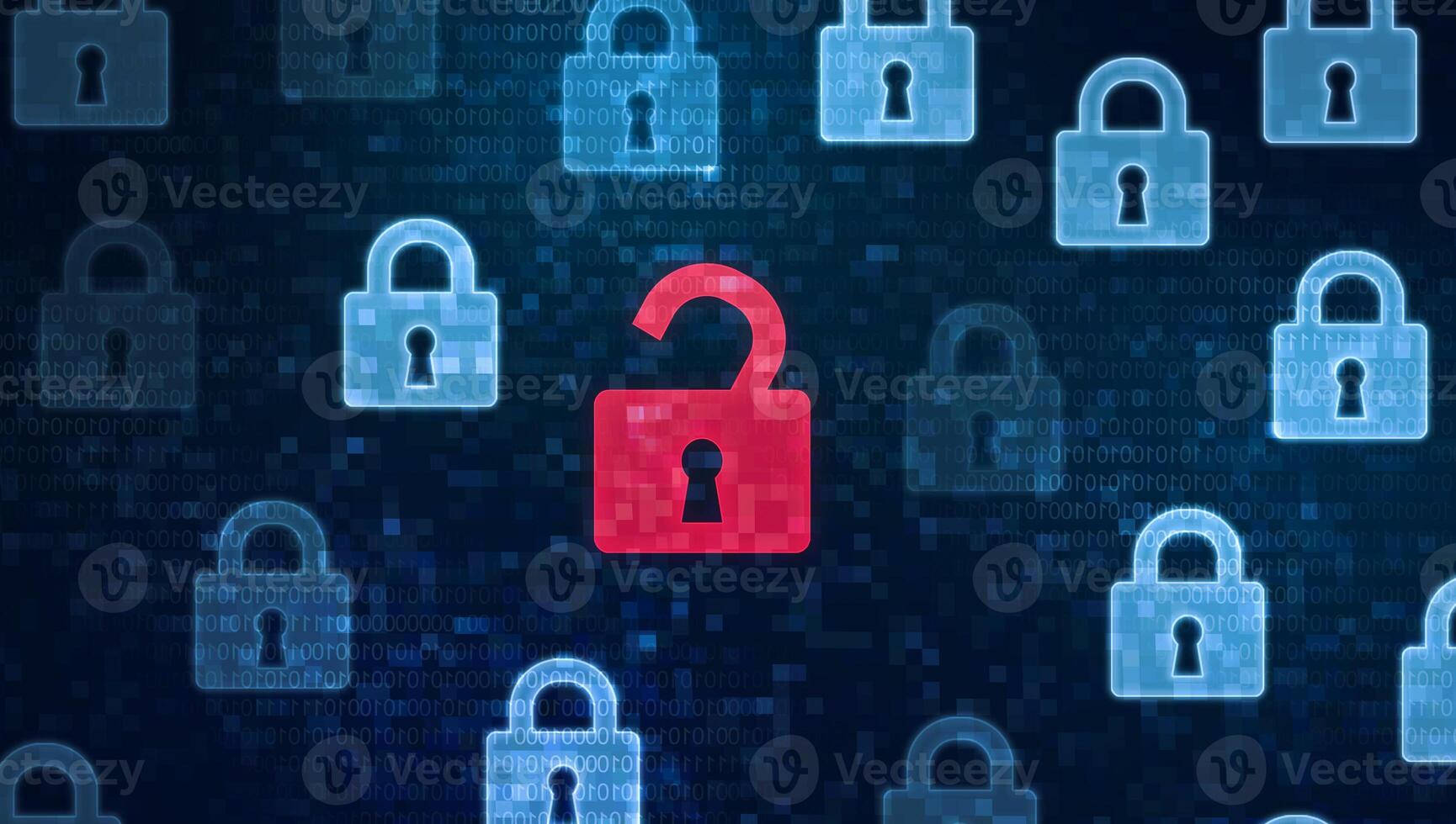 Security breach concept. Red open padlock icon among closed padlocks on digital screen as a symbol of unsecured data under cyber attack, panorama photo