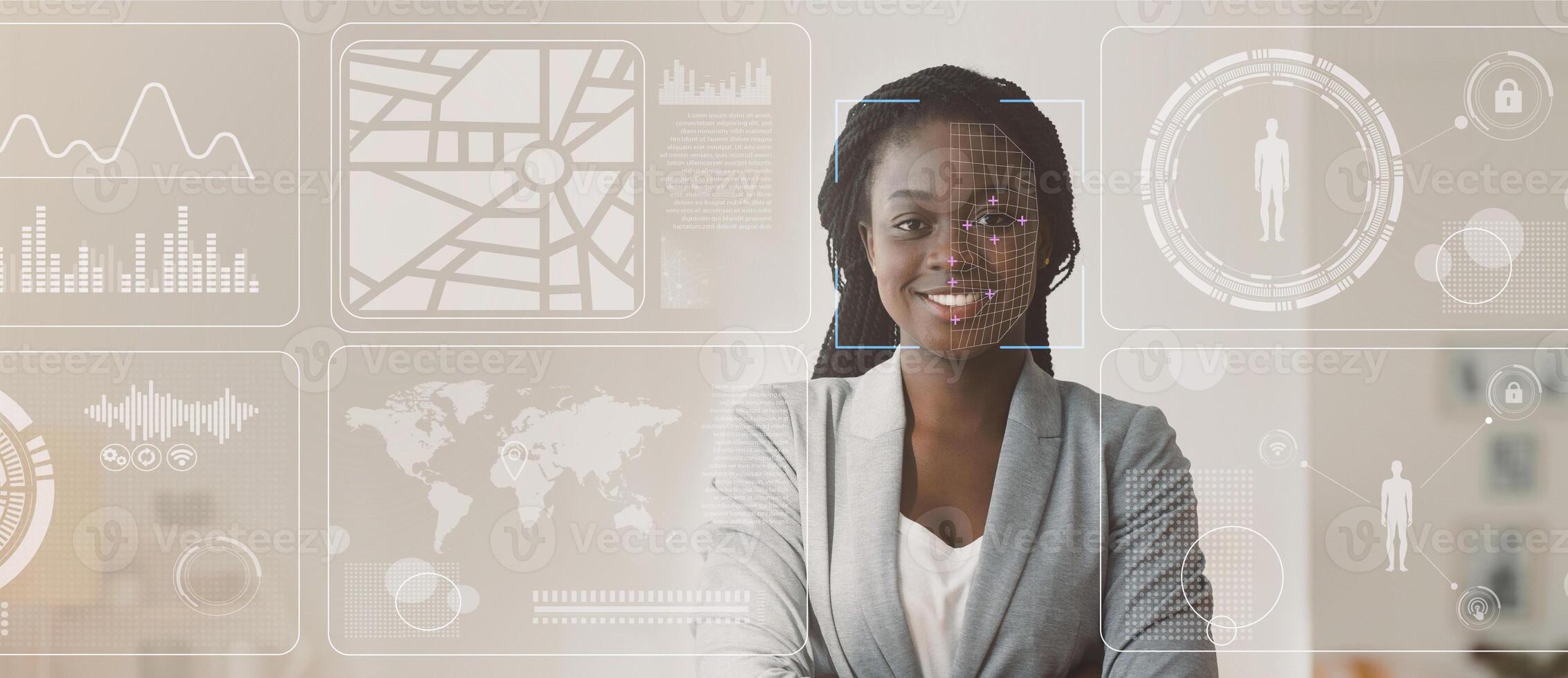 Personal security concept. Data of African American businesswoman, double exposure of office with info on virtual display, blank space. Panorama photo