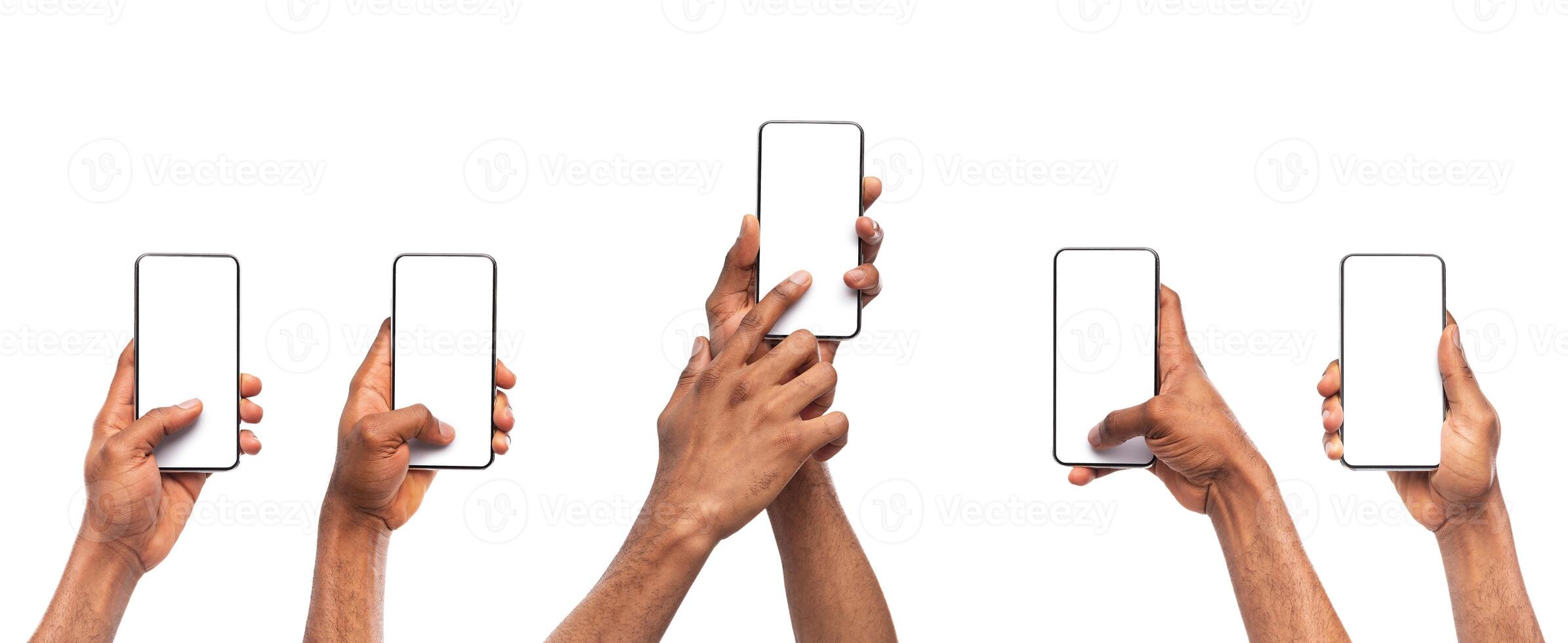 Set of man's hands using smartphone with blank screen, isolated on white background, panorama photo