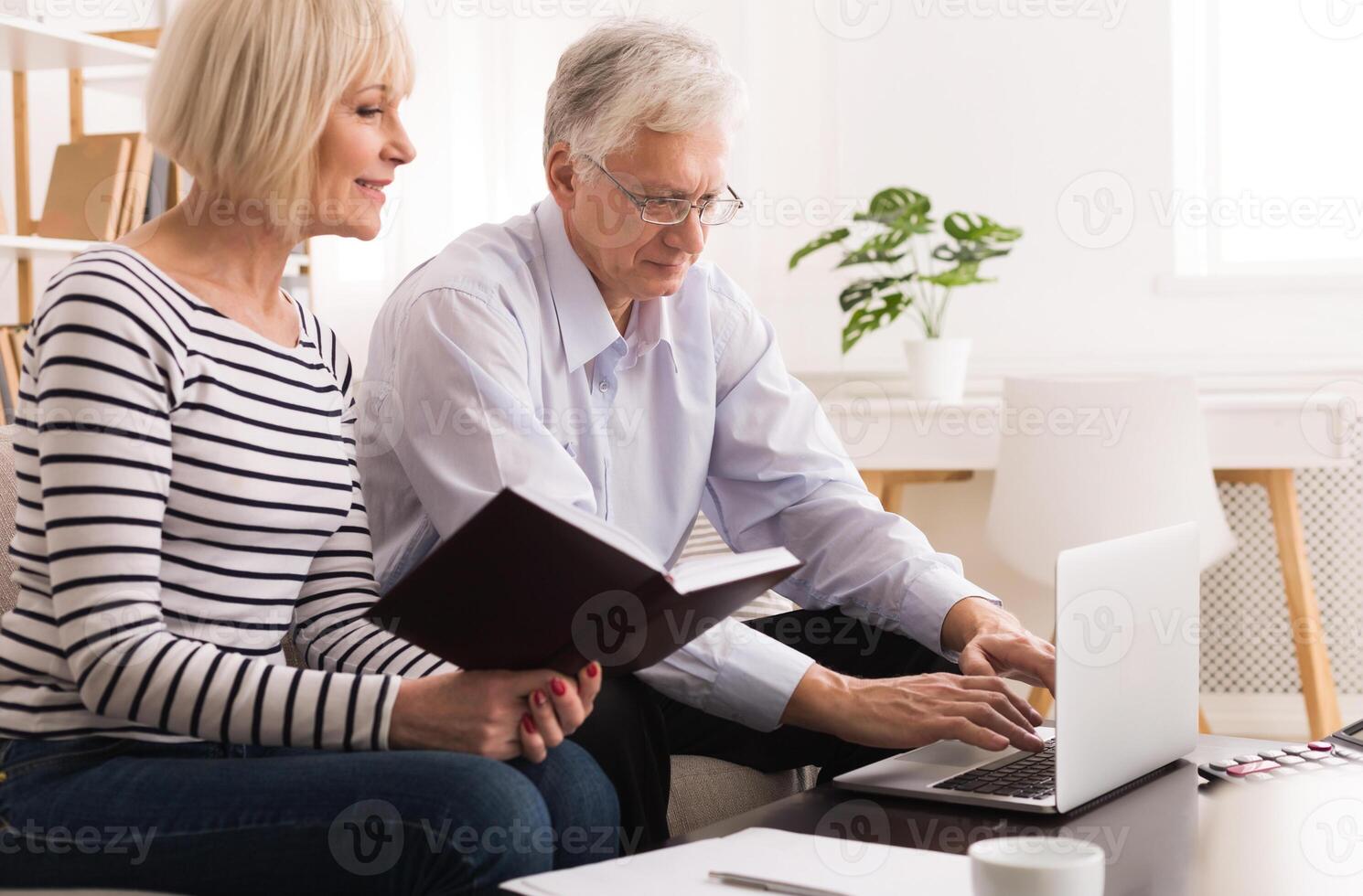 Mature Couple Checking Domestic Finances And Calculating Bills Using Laptop photo