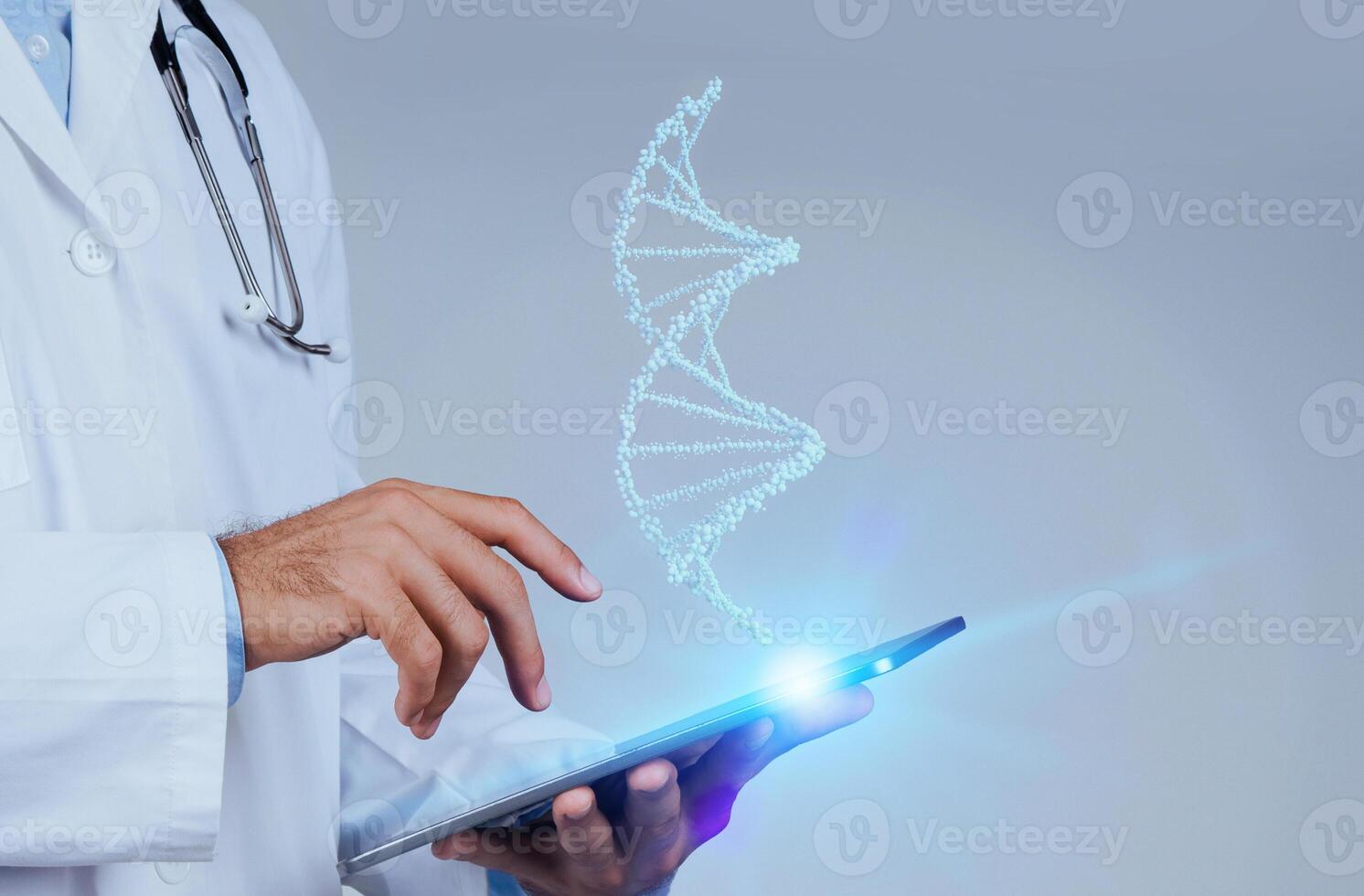 Close up shot of dedicated doctor uses CRISPR and augmented reality to decode the blue glow of virtual human DNA, shaping the future of medicine, blue studio background, free space photo