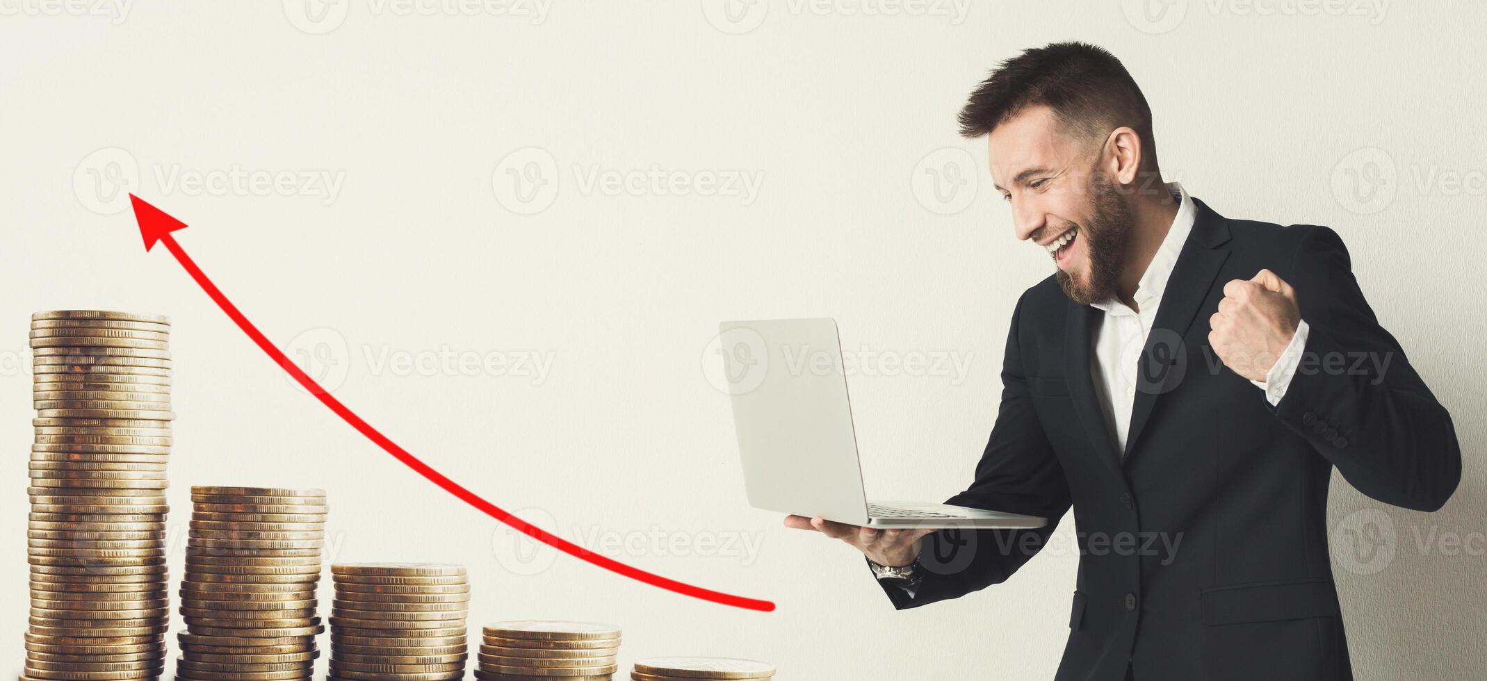 Passive income concept, formal businesman and growing stacks of coins, collage photo