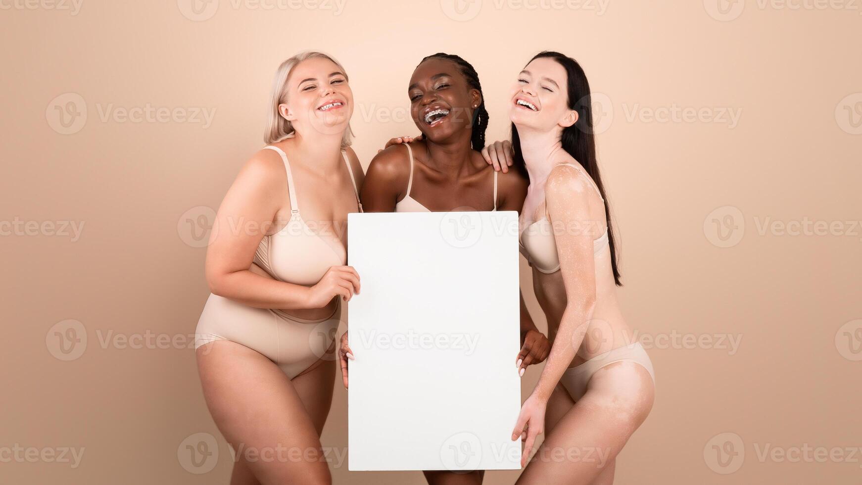 Group Of Beautiful Body Positive Woman In Underwear Holding White Blank Placard, Demonstrating Free Space For Your Advertisement, Motivational Text Or Inscription, Happy Ladies Smiling At Camera photo