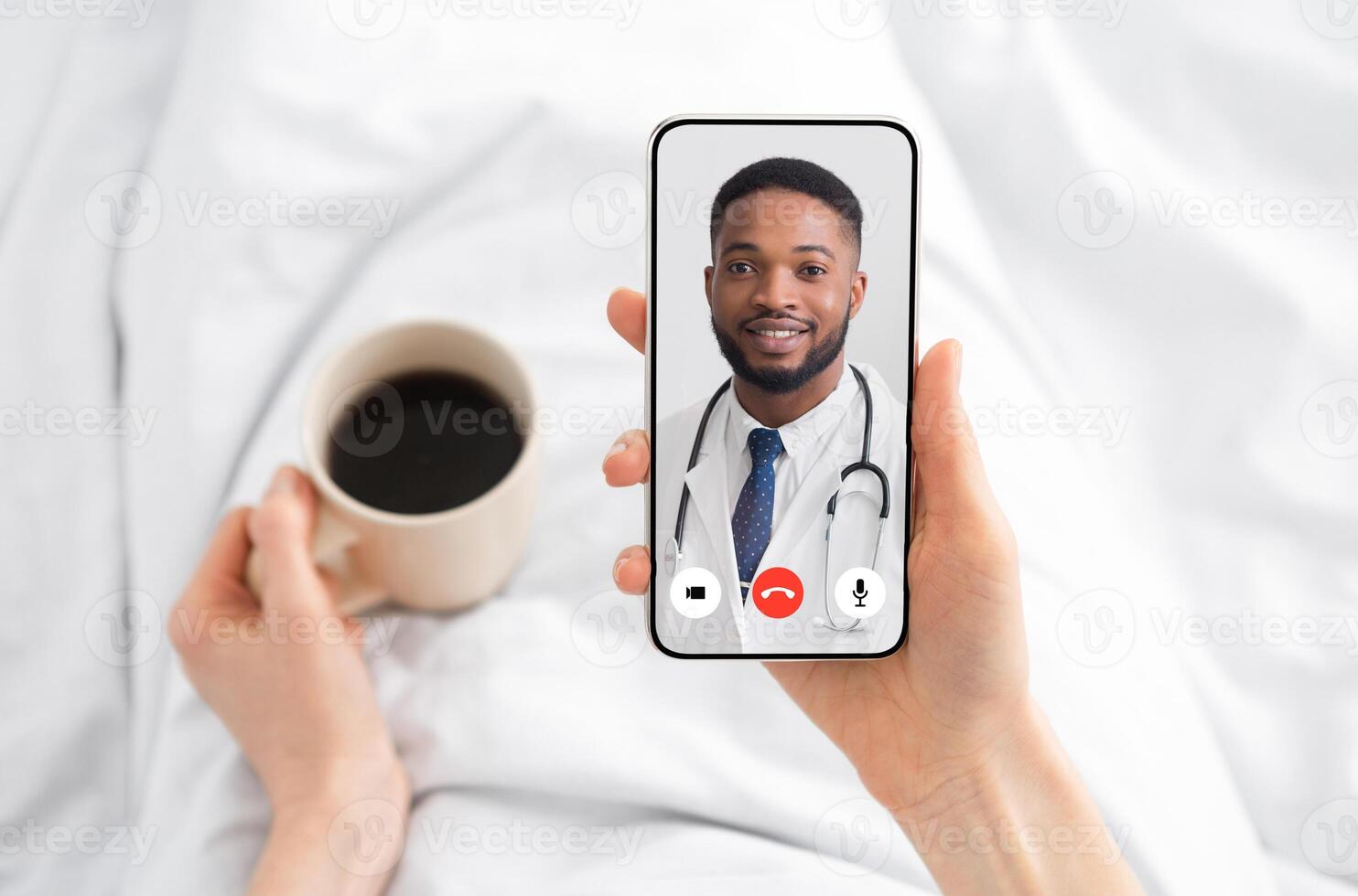 Woman Having Call With Doctor Lying In Bed At Home. Online Medical Consultation Concept. Virtual Clinic Helpline And Mobile Healthcare App. Physician Consulting Patient Distantly. Cropped photo