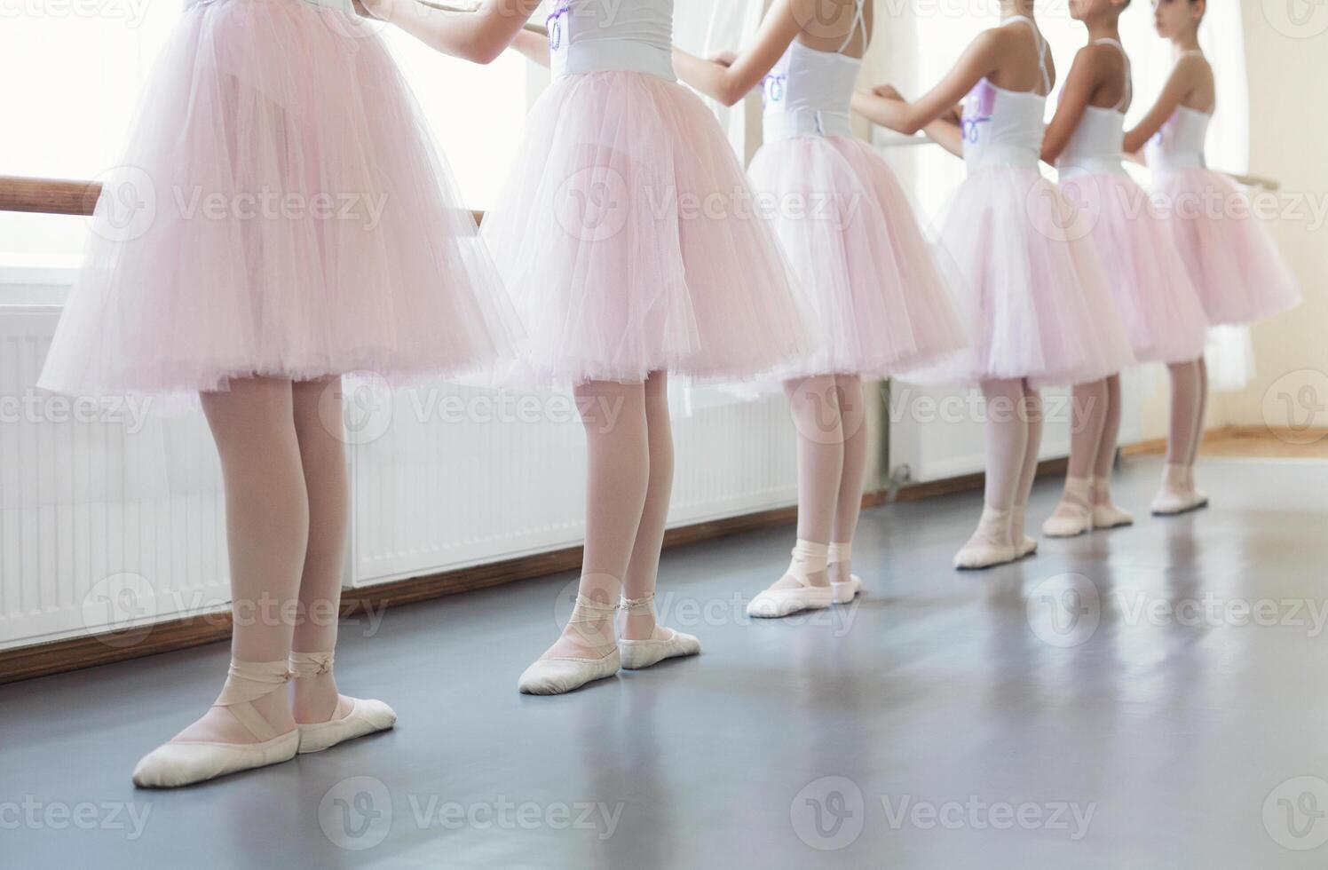 Young ballerinas in basic position. Ballet dancers standing near ballet barre photo