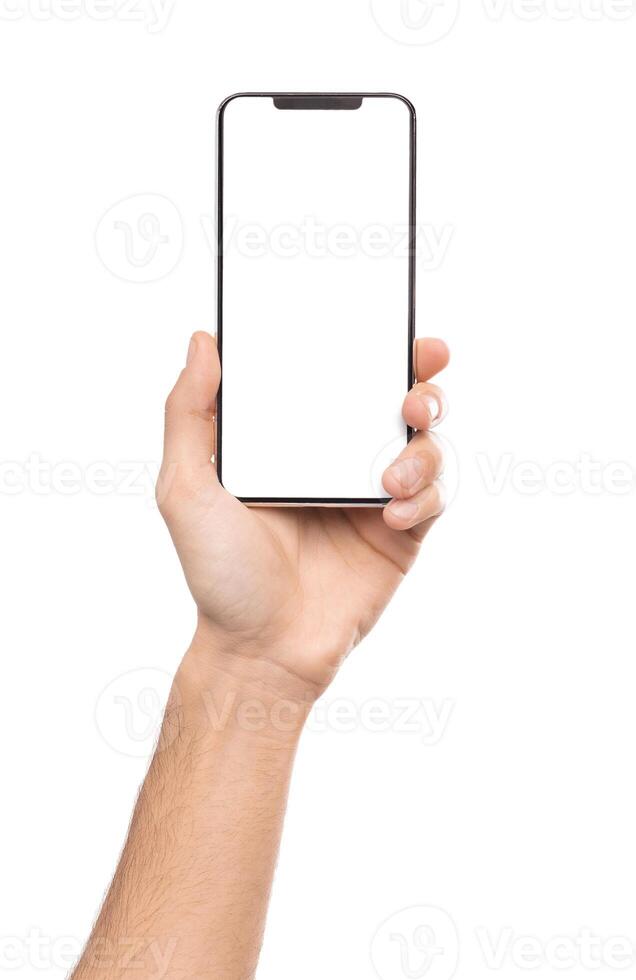 New trendy smartphone with empty screen in male hand, isolated on white background photo