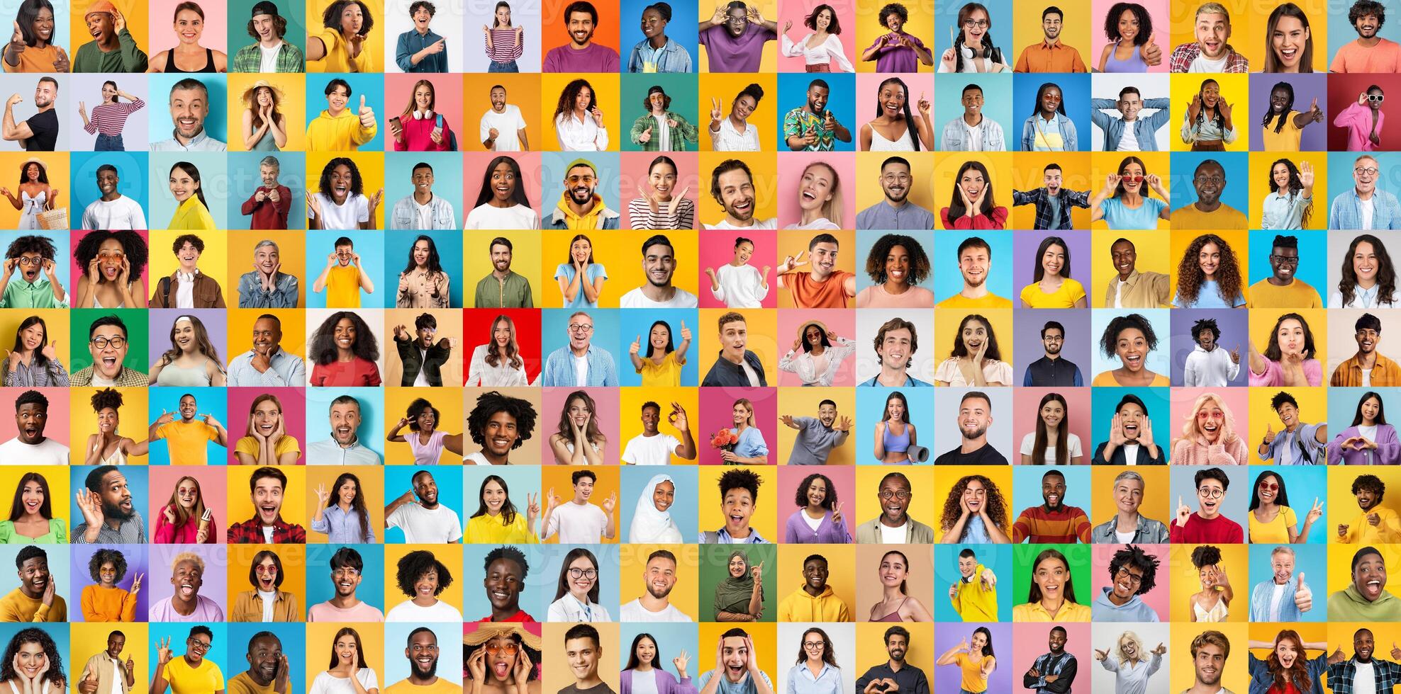 A lively mix of multiracial, multiethnic, and international people faces smiling against a vibrant, multicolored background photo